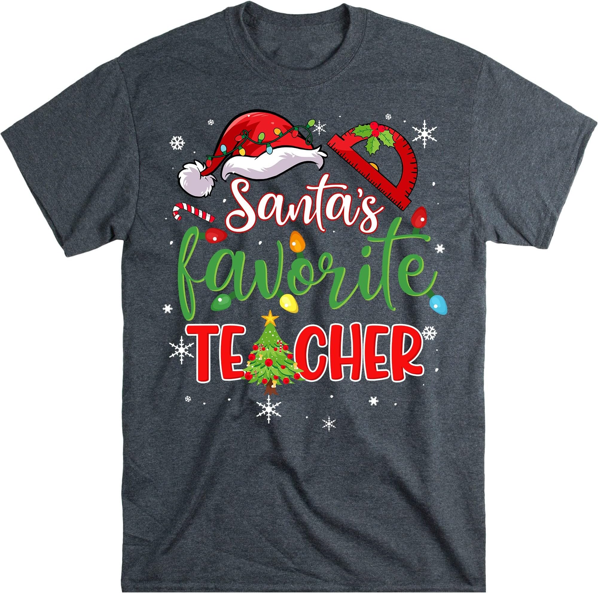 TEEDIYSantas Favorite Teacher Pajamas - Funny Xmas Teacher Costume T-Shirt - Dark Heather X-Large