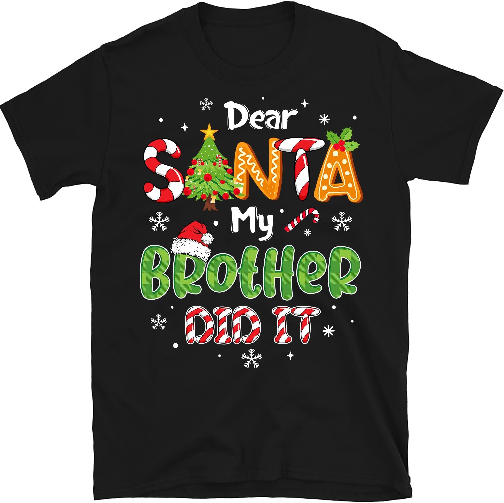 TEEDIYDear Santa My Brother Did It Funny Christmas Pajama T-Shirt - Black Small