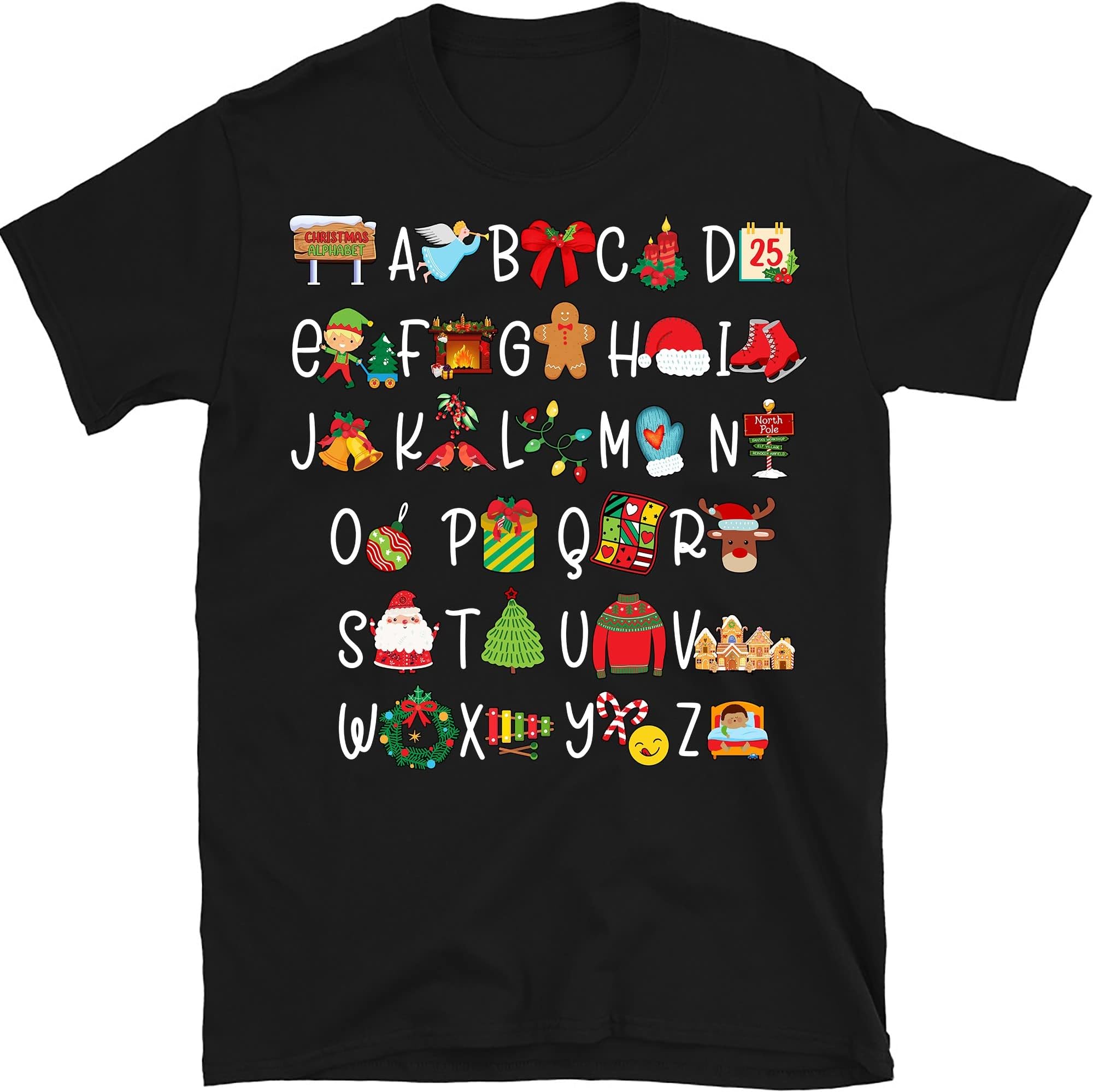 TEEDIYChristmas Teacher Shirt, Christmas Alphabet, Christmas Classroom Shirt, ABCs Shirt - Black 3X-Large