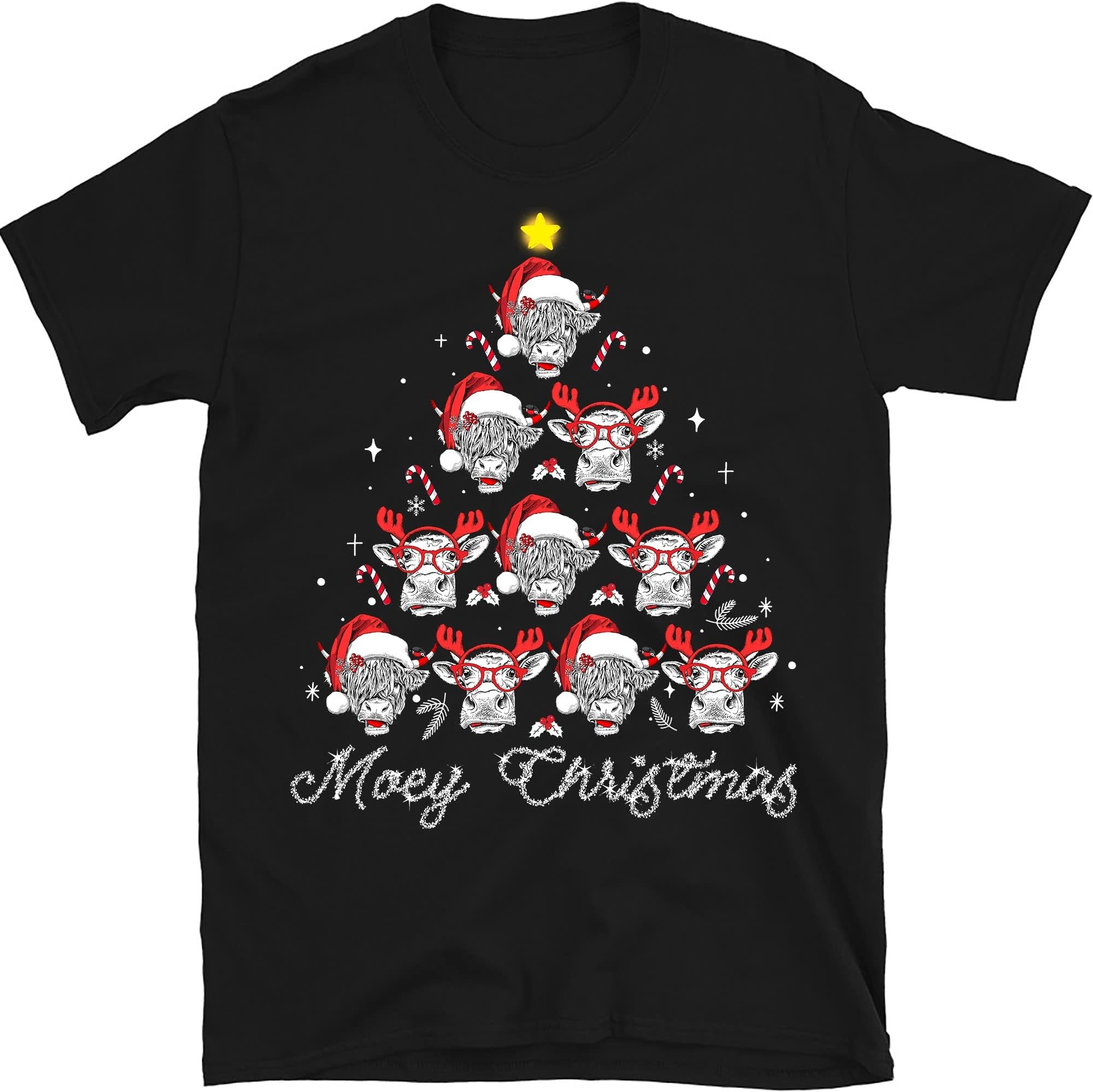 TEEDIYCow Christmas Santa Heifer Xmas Lights Shirt, Cow Lovers Shirt, Cow Santa Shirt, Highland Cattle, Animal Lover Shirt - Black XX-Large