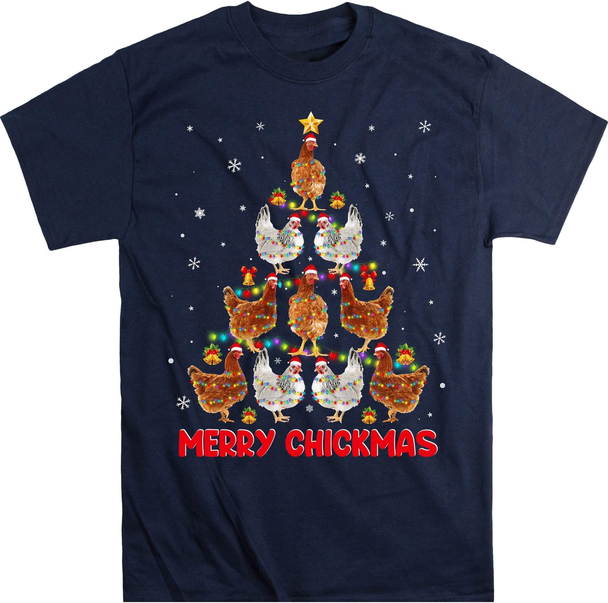 TEEDIYChristmas Lights Chicken Shirt, Santa Funny Xmas Tree Chicken T-Shirt, Chicken Farmer - Navy Large