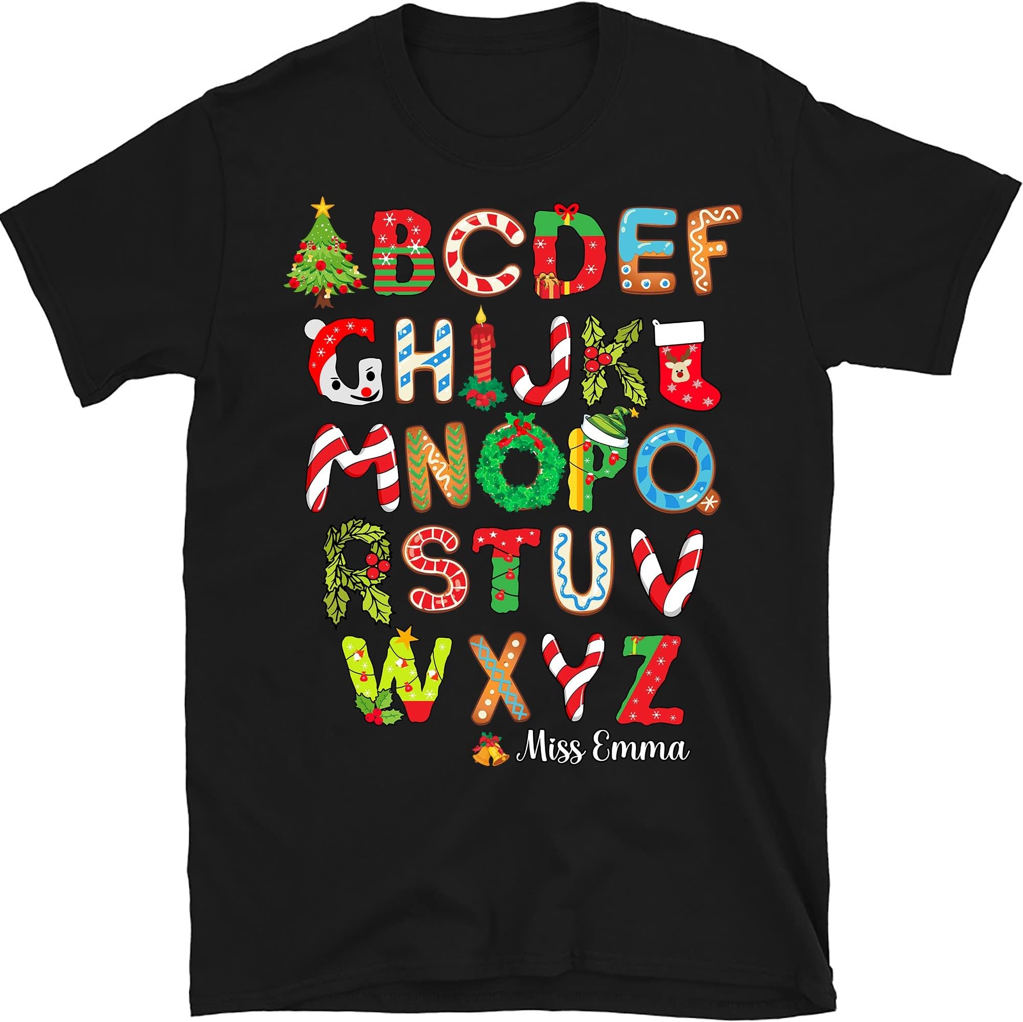 TEEDIYPersonalized Kindergarten Teacher Christmas Shirt Christmas Alphabet Teacher T-Shirt, Custom Teacher Name Multicolored