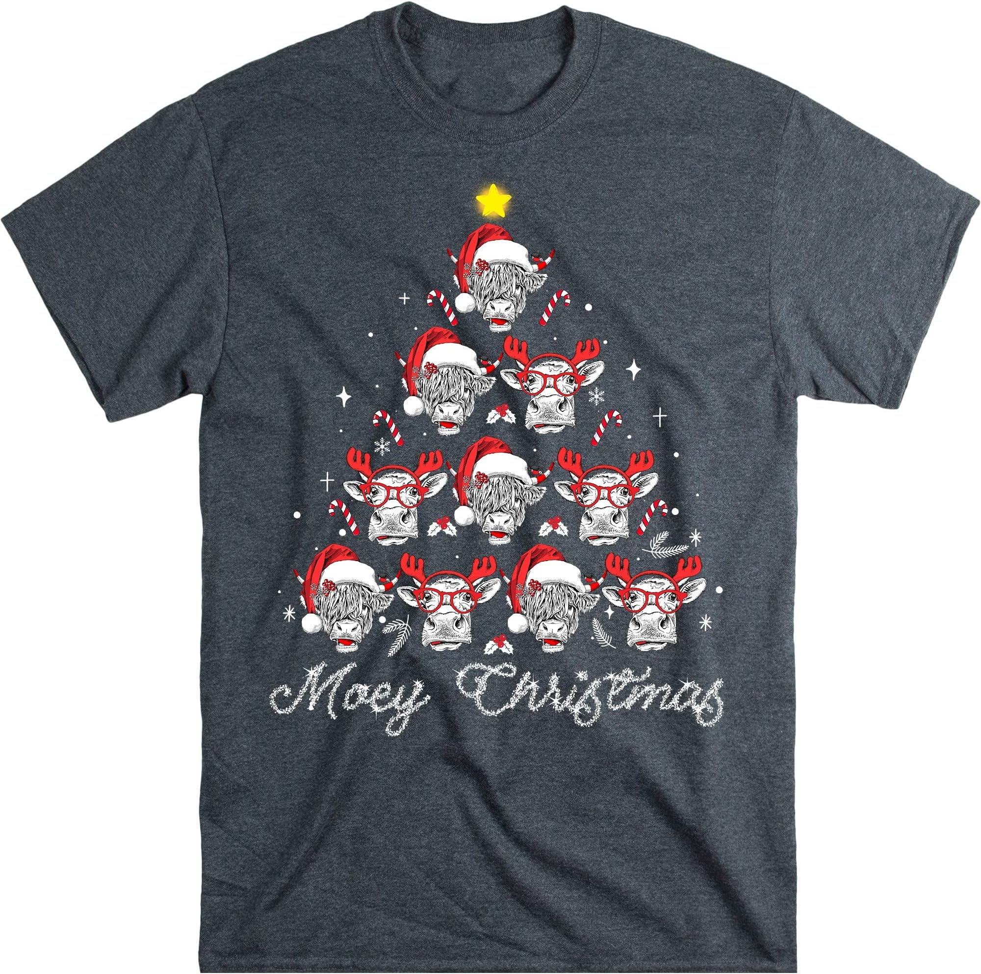TEEDIYCow Christmas Santa Heifer Xmas Lights Shirt, Cow Lovers Shirt, Cow Santa Shirt, Highland Cattle, Animal Lover Shirt - Dark Heather Large