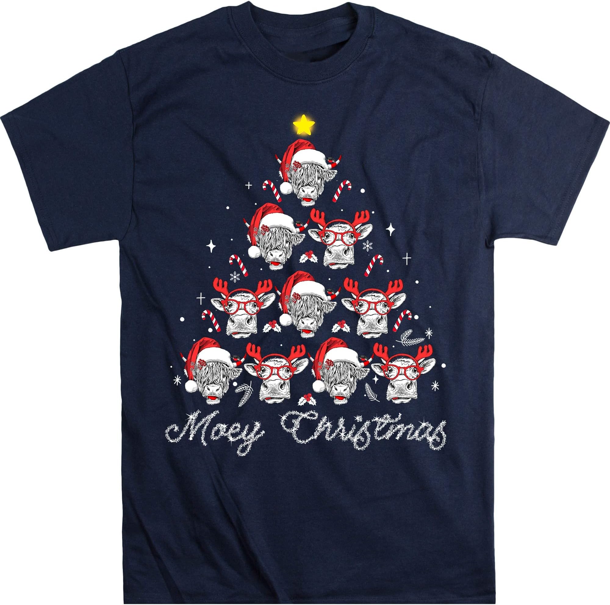 TEEDIYCow Christmas Santa Heifer Xmas Lights Shirt, Cow Lovers Shirt, Cow Santa Shirt, Highland Cattle, Animal Lover Shirt - Navy XX-Large