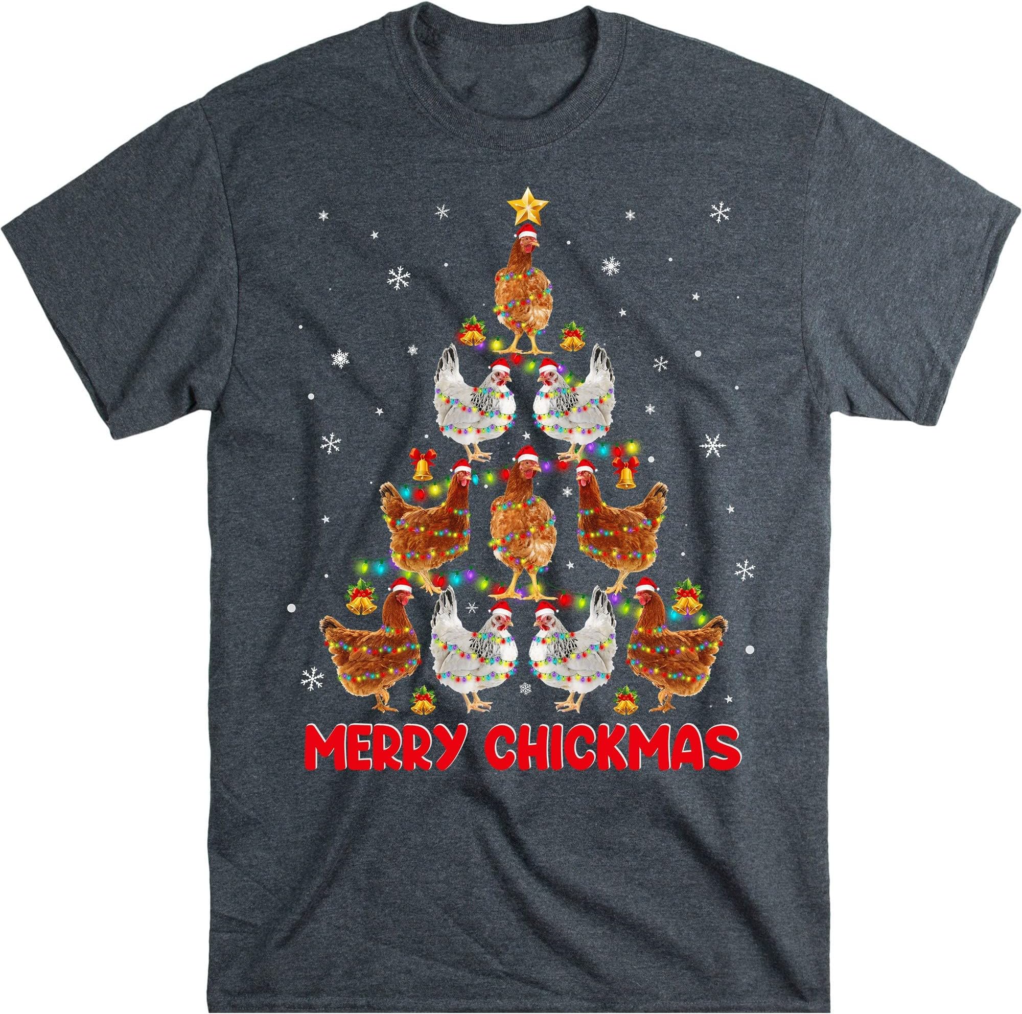 TEEDIYChristmas Lights Chicken Shirt, Santa Funny Xmas Tree Chicken T-Shirt, Chicken Farmer - Dark Heather Medium