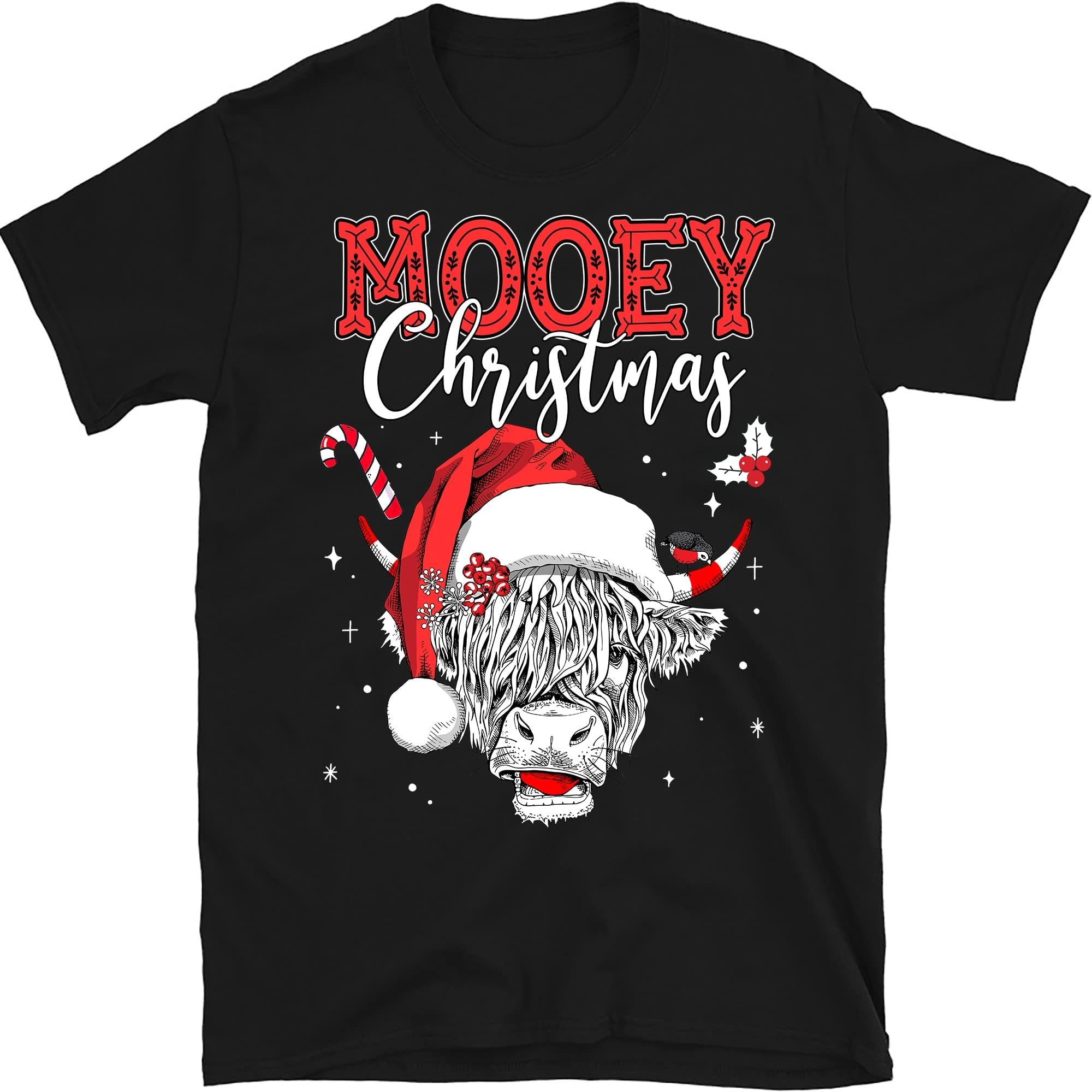 TEEDIYMooey Christmas Santa Heifer Xmas Lights Shirt, Cow Lovers Shirt, Cow Santa Shirt, Mooey Christmas, Highland Cattle, Animal - Black XX-Large