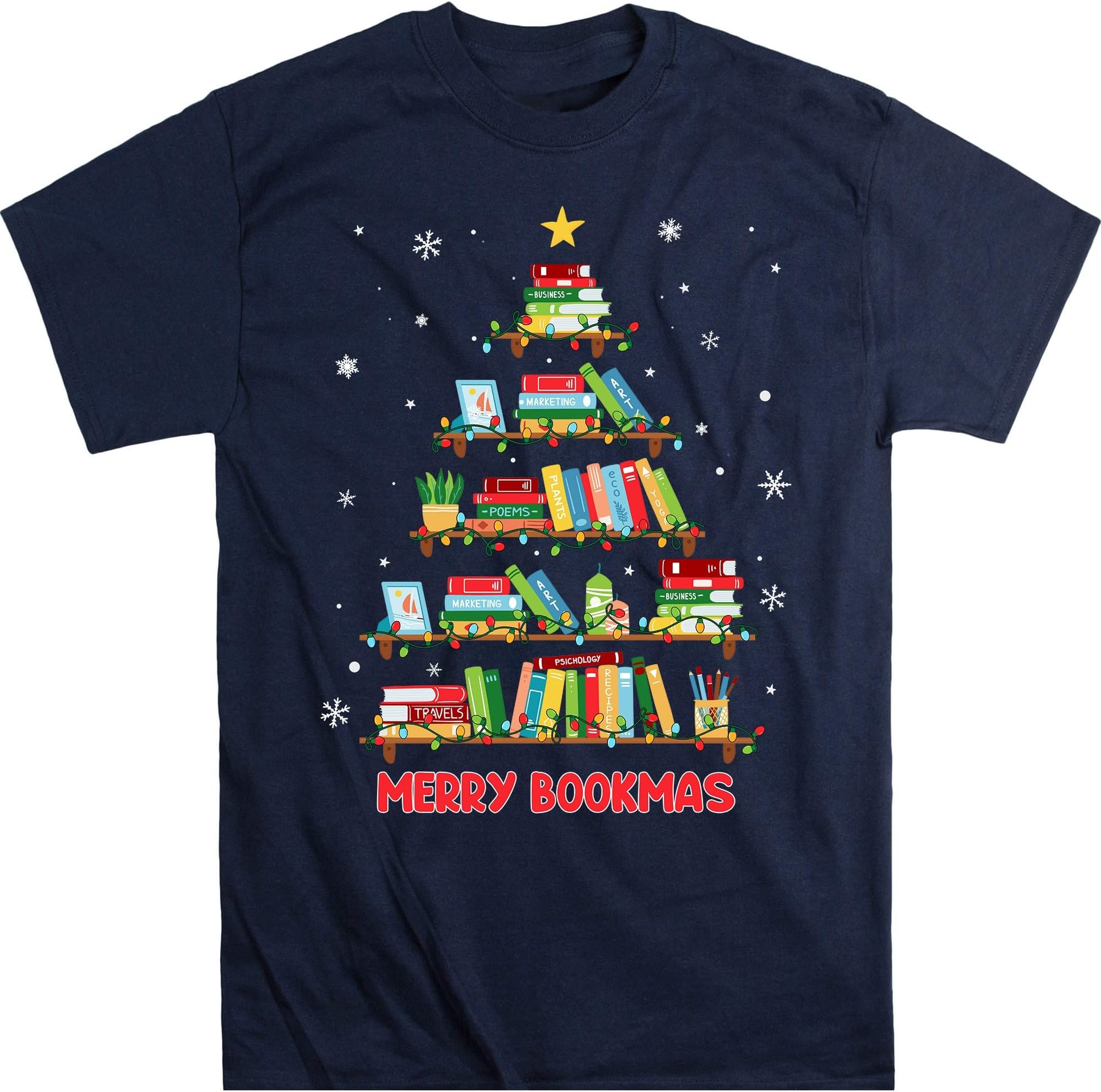 TEEDIYMerry Christmas Tree Shirt Love Reading Books Librarian Nerd, Book Lover Bookworm T-Shirt - Navy XX-Large