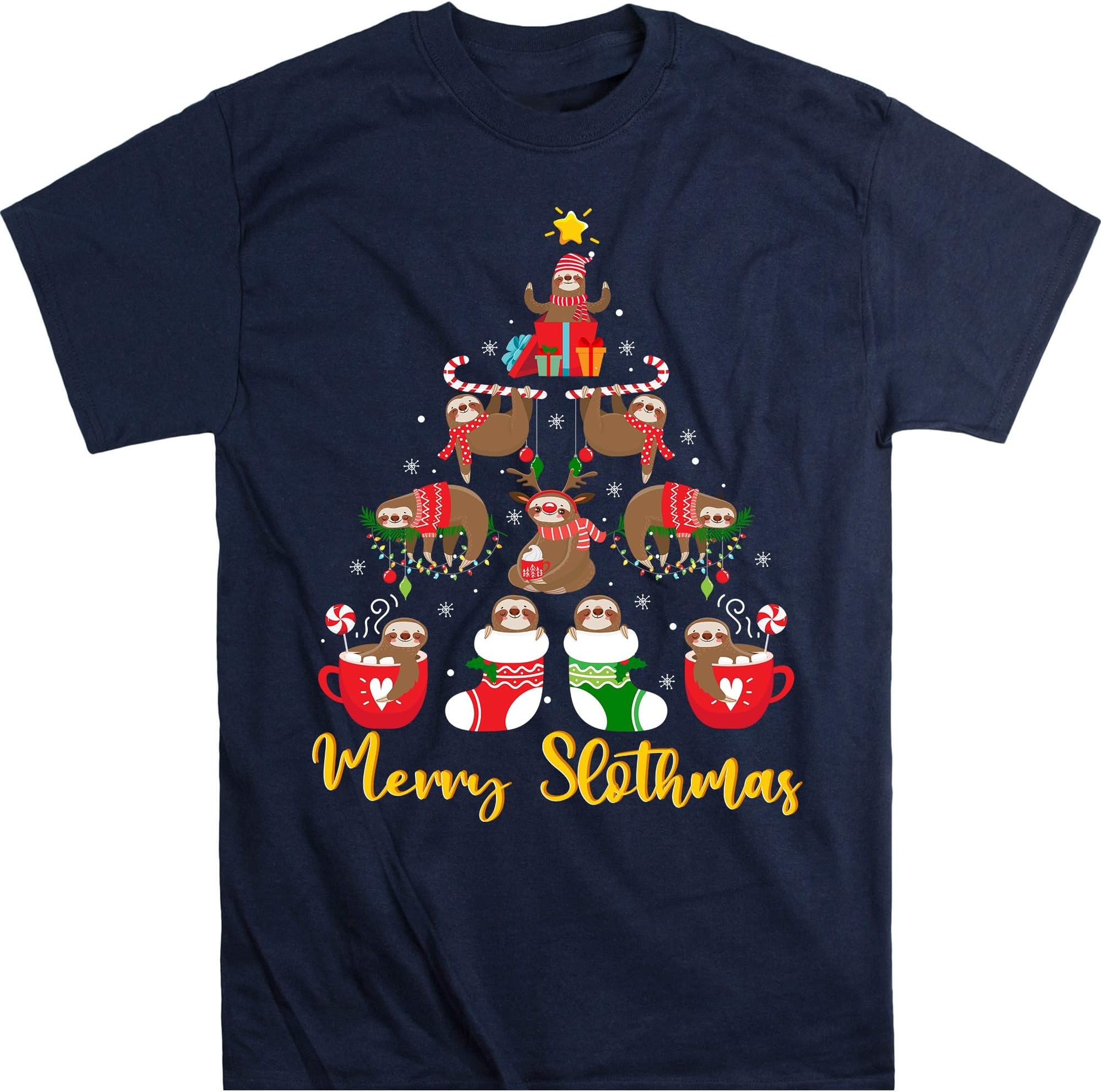 TEEDIYMerry Slothmas Shirt, Sloth Christmas Tree Funny Shirt, Santa Sloth Lights Sloth Lover Gift Sloth T-Shirt - Navy XX-Large