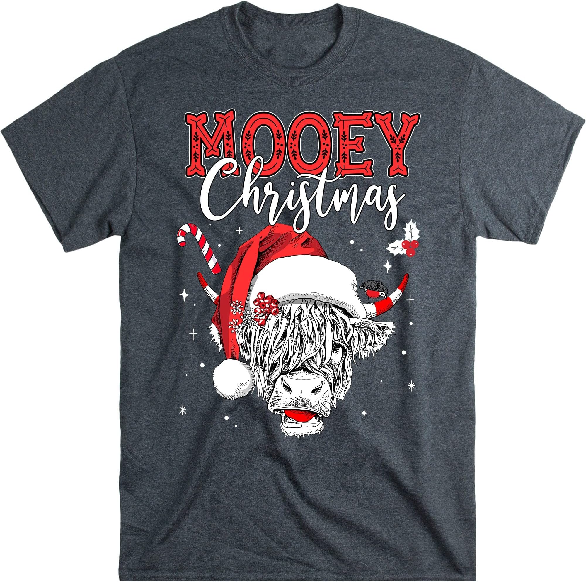 TEEDIYMooey Christmas Santa Heifer Xmas Lights Shirt, Cow Lovers Shirt, Cow Santa Shirt, Mooey Christmas, Highland Cattle, Animal - Dark Heather X-Large
