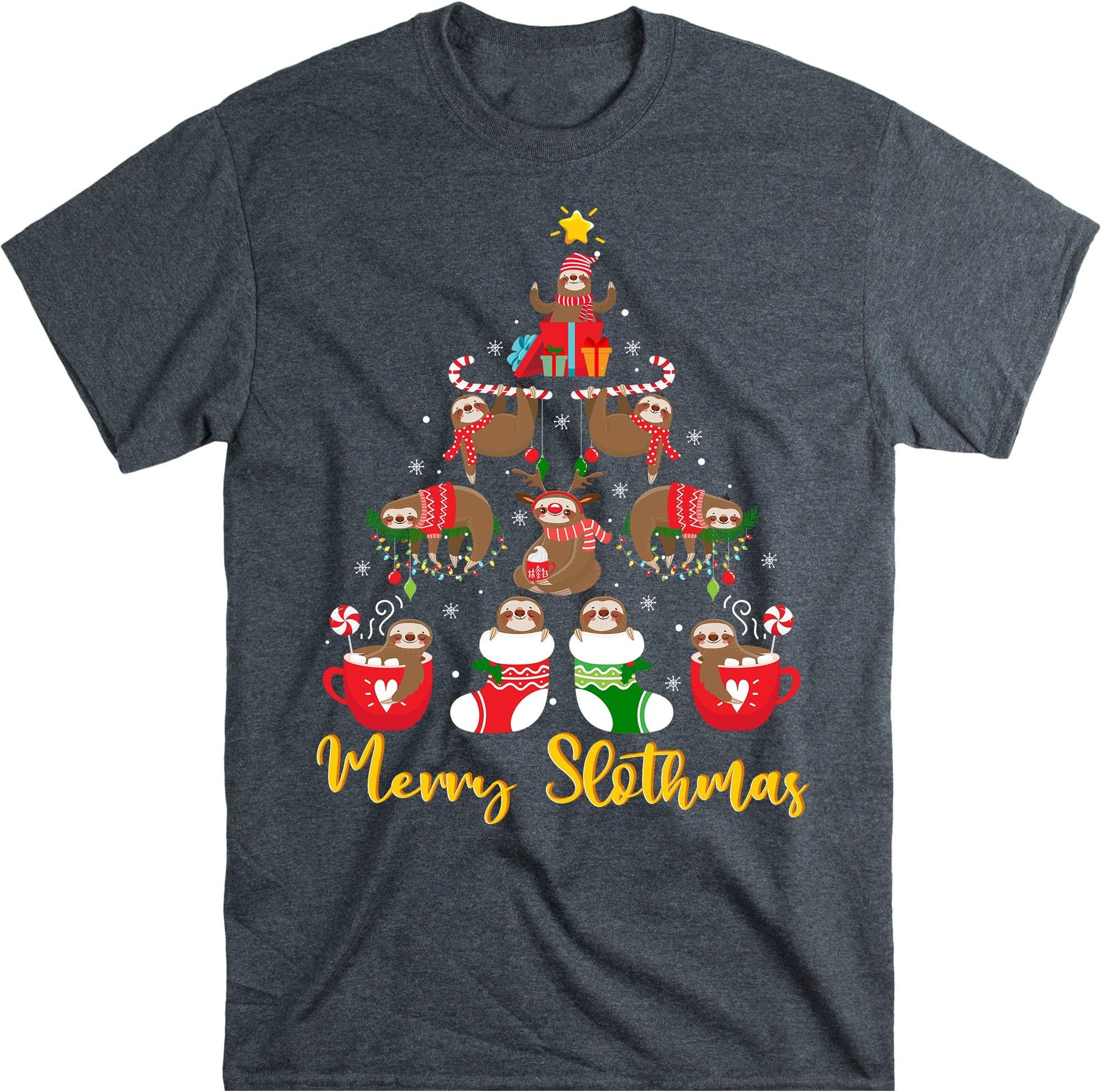 TEEDIYMerry Slothmas Shirt, Sloth Christmas Tree Funny Shirt, Santa Sloth Lights Sloth Lover Gift Sloth T-Shirt