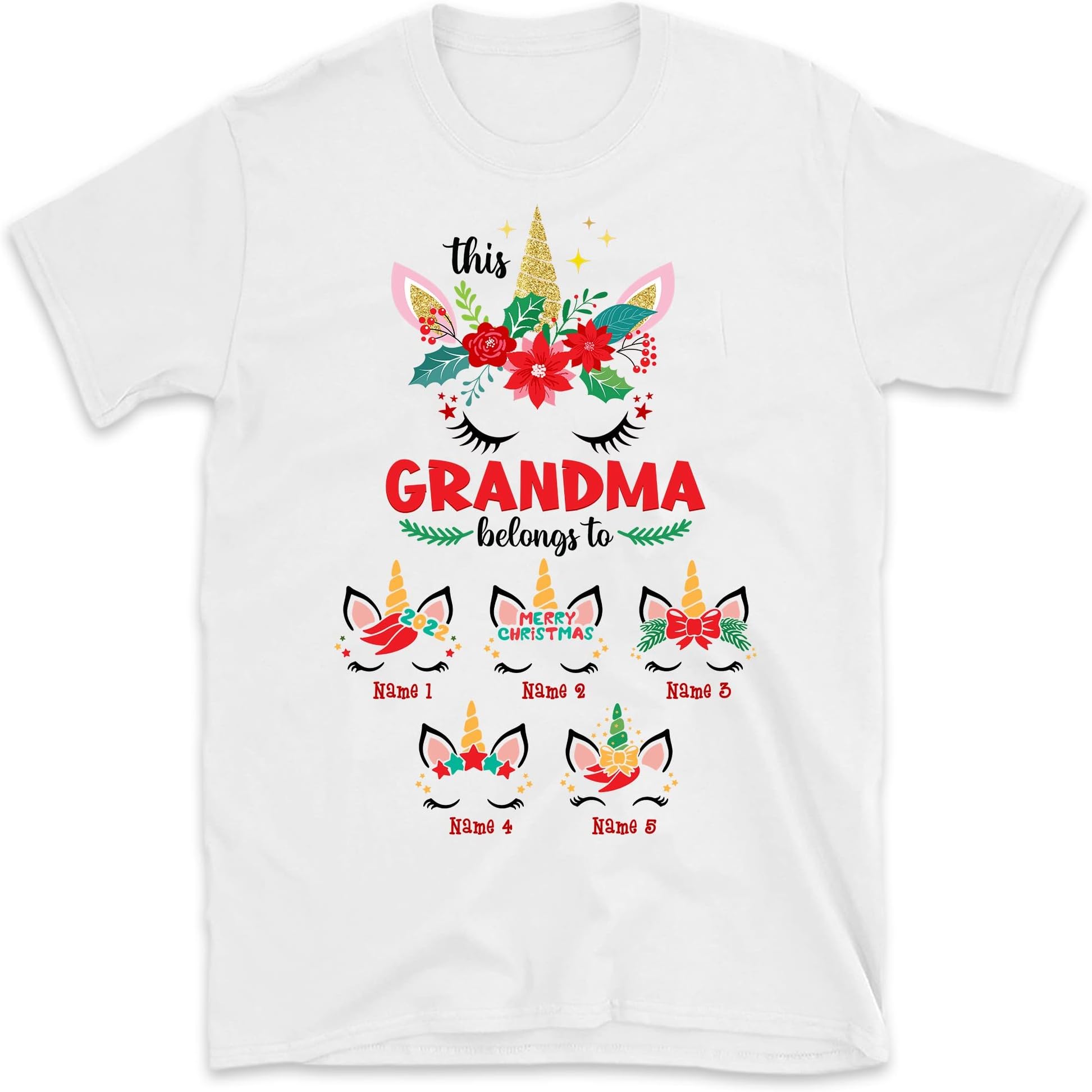 TEEDIYUnicorn Reindeer Grandma with Grandkids Name Christmas Personalized T Shirt, Custom Nana Shirt, Unicorn Grandma Shirt