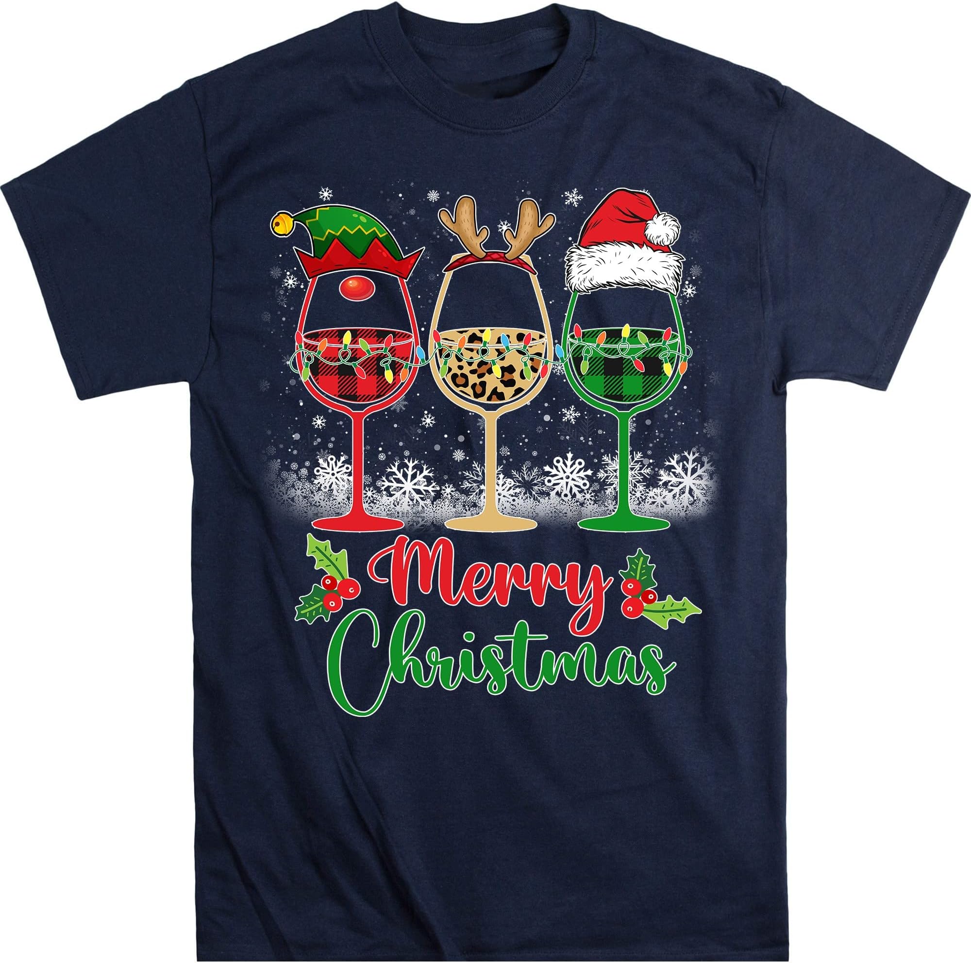 TEEDIYMerry Christmas Shirt, Three Wine Glasses Santa Hat Christmas Funny Wine Lover, Christmas Party, Leopard Plaid Reindeer - Navy Medium