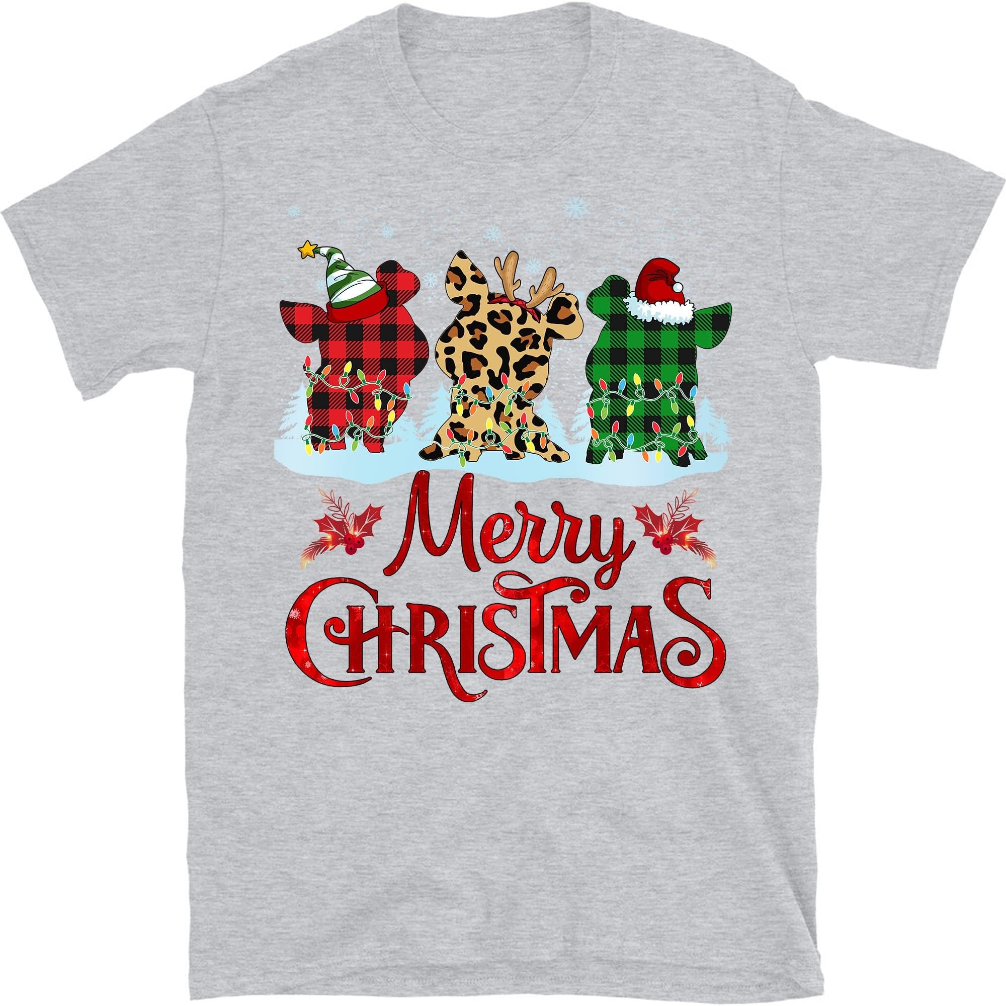 TEEDIYFunny Pigs Christmas Xmas T-Shirt, Pig Lovers Lights Christmas Pajama T-Shirt - Sport Grey X-Large