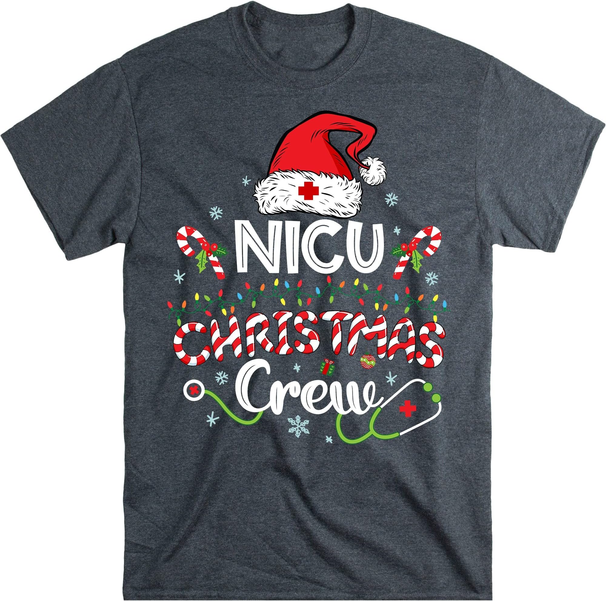 TEEDIYNicu Christmas Crew T-Shirt, Neonatal Intensive Care Unit Nurse Christmas Shirt, Christmas Pajama - Dark Heather Medium