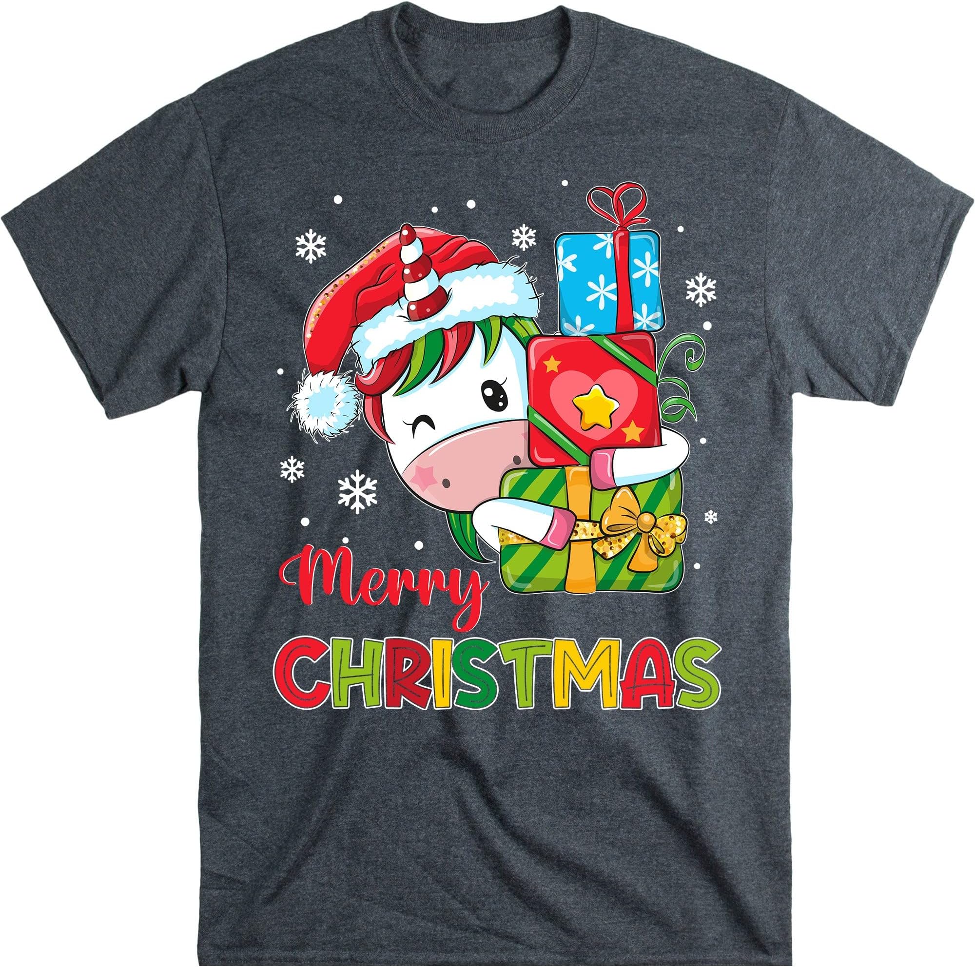 TEEDIYFunny Unicorns Christmas Xmas T-Shirt, Unicorn Lovers Lights Christmas Pajama T-Shirt - Dark Heather Medium