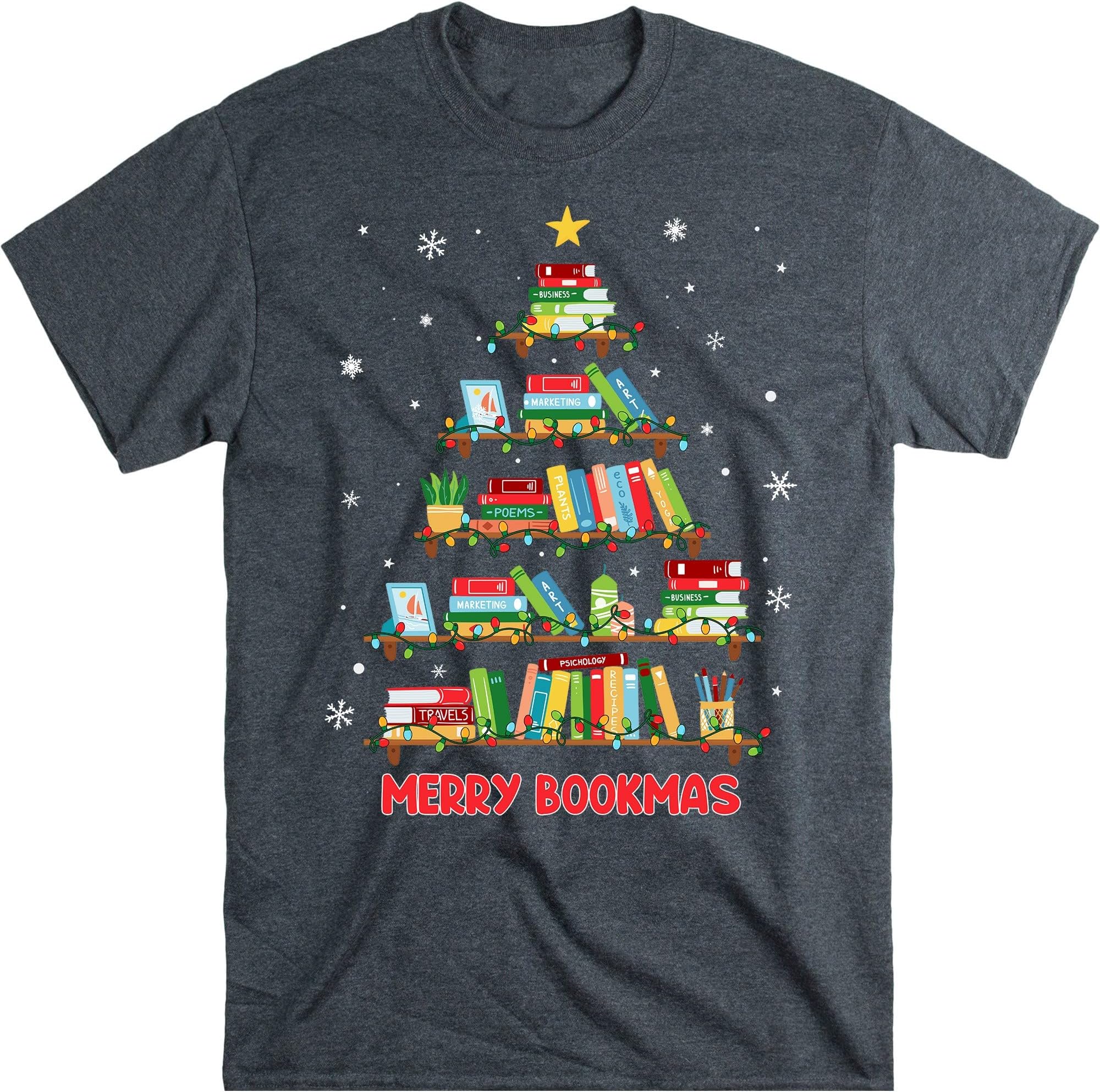 TEEDIYMerry Christmas Tree Shirt Love Reading Books Librarian Nerd, Book Lover Bookworm T-Shirt - Dark Heather Medium