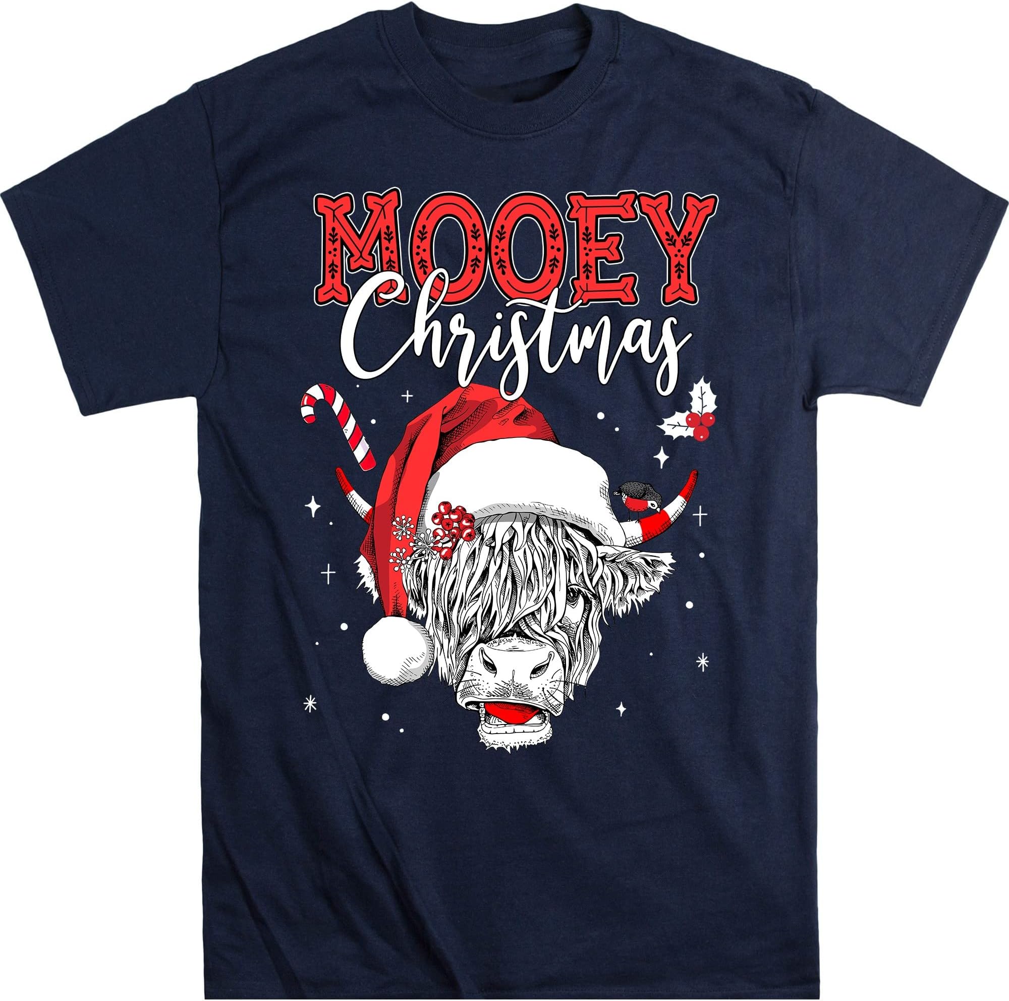 TEEDIYMooey Christmas Santa Heifer Xmas Lights Shirt, Cow Lovers Shirt, Cow Santa Shirt, Mooey Christmas, Highland Cattle, Animal - Navy Medium