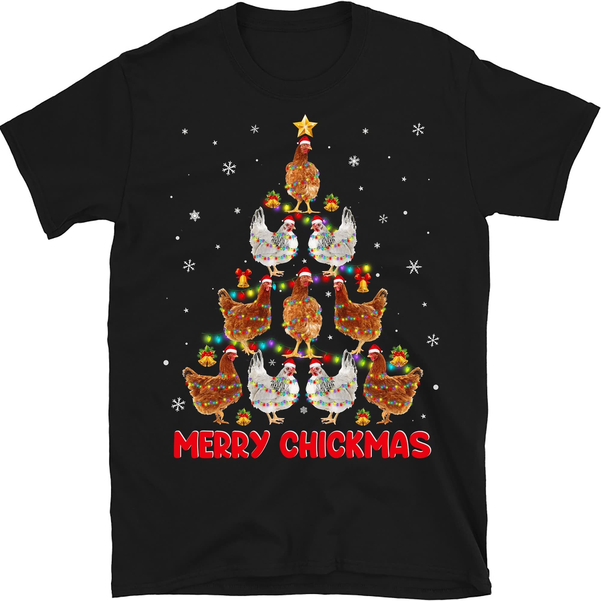 TEEDIYChristmas Lights Chicken Shirt, Santa Funny Xmas Tree Chicken T-Shirt, Chicken Farmer - Black 3X-Large
