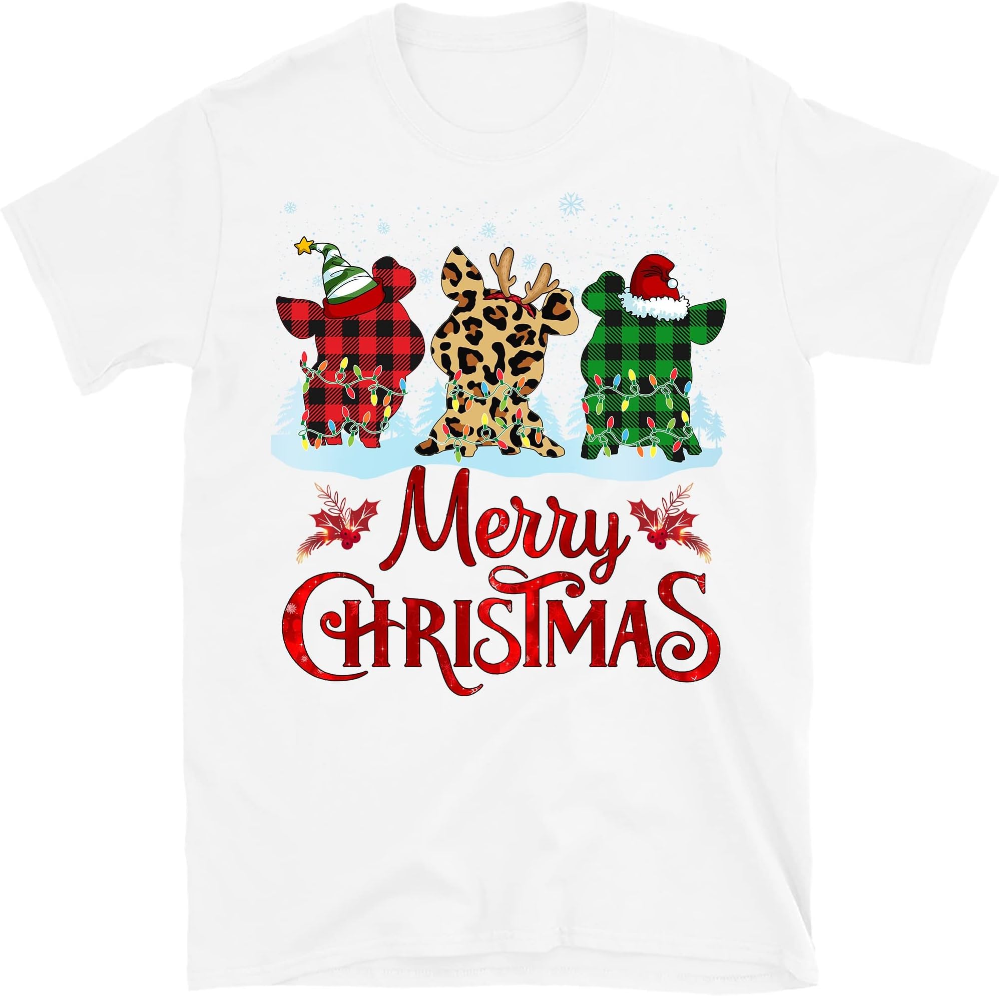 TEEDIYFunny Pigs Christmas Xmas T-Shirt, Pig Lovers Lights Christmas Pajama T-Shirt - White XX-Large