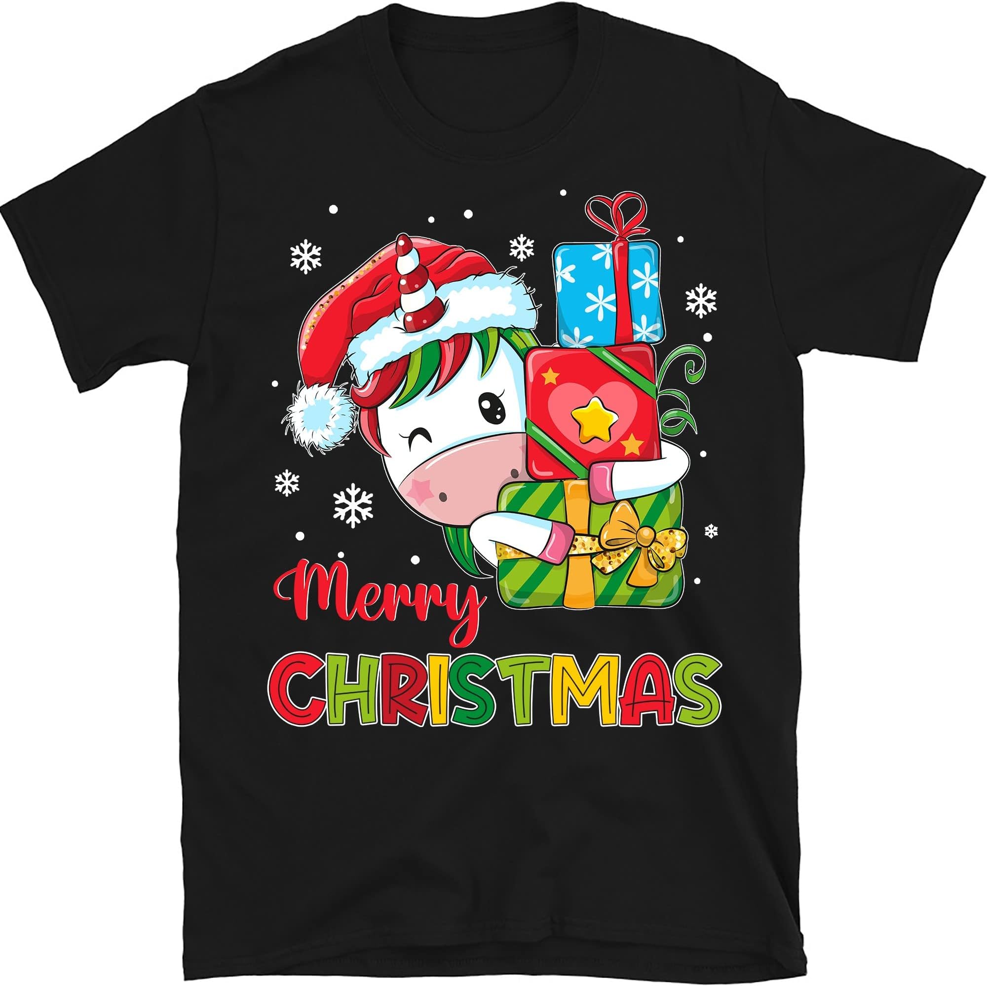 TEEDIYFunny Unicorns Christmas Xmas T-Shirt, Unicorn Lovers Lights Christmas Pajama T-Shirt - Black Large