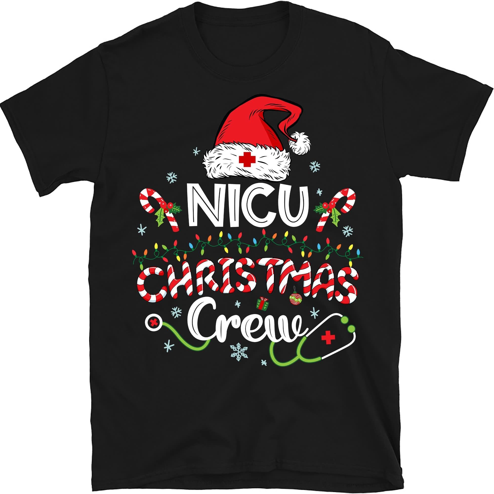 TEEDIYNicu Christmas Crew T-Shirt, Neonatal Intensive Care Unit Nurse Christmas Shirt, Christmas Pajama - Black Medium