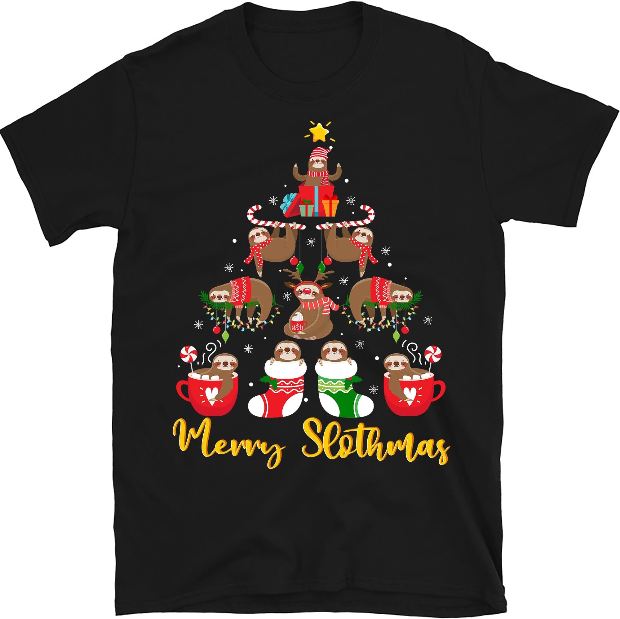 TEEDIYMerry Slothmas Shirt, Sloth Christmas Tree Funny Shirt, Santa Sloth Lights Sloth Lover Gift Sloth T-Shirt - Black XX-Large