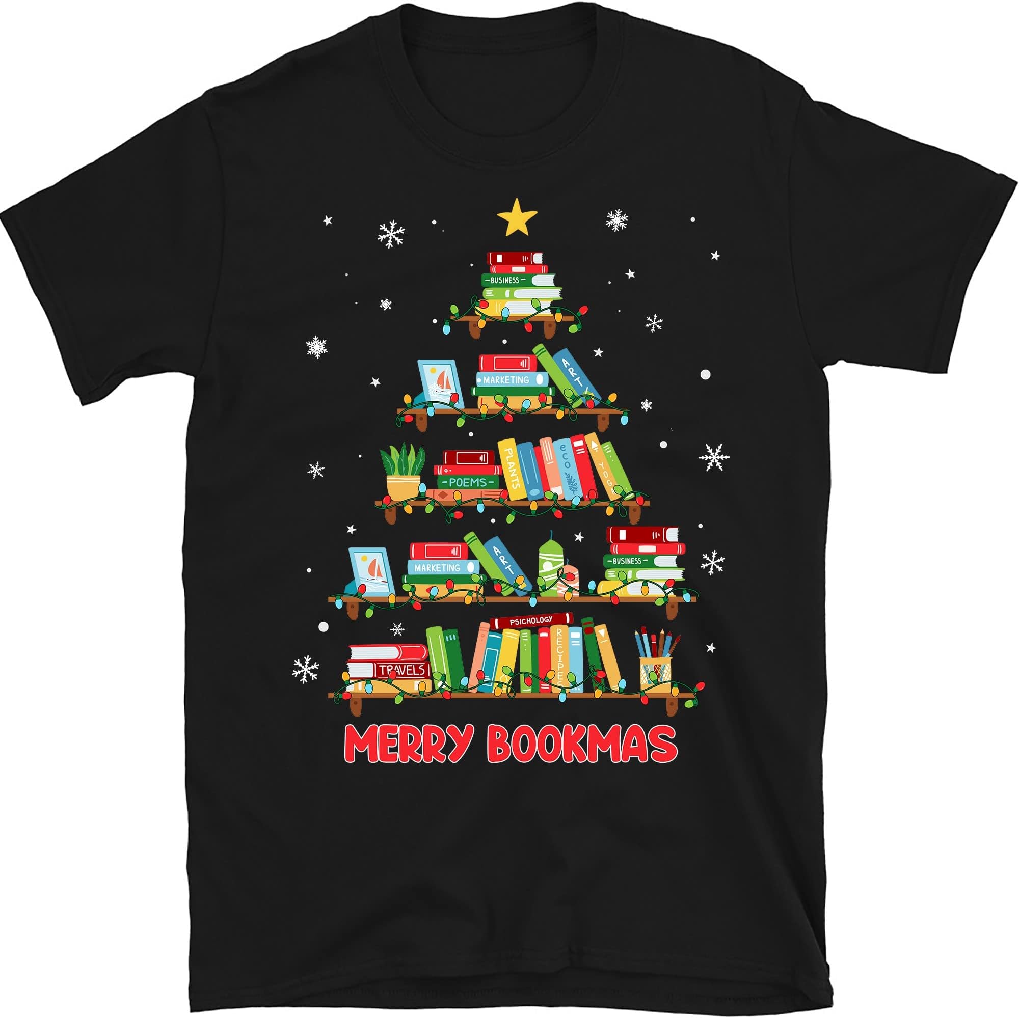 TEEDIYMerry Christmas Tree Shirt Love Reading Books Librarian Nerd, Book Lover Bookworm T-Shirt - Black 3X-Large