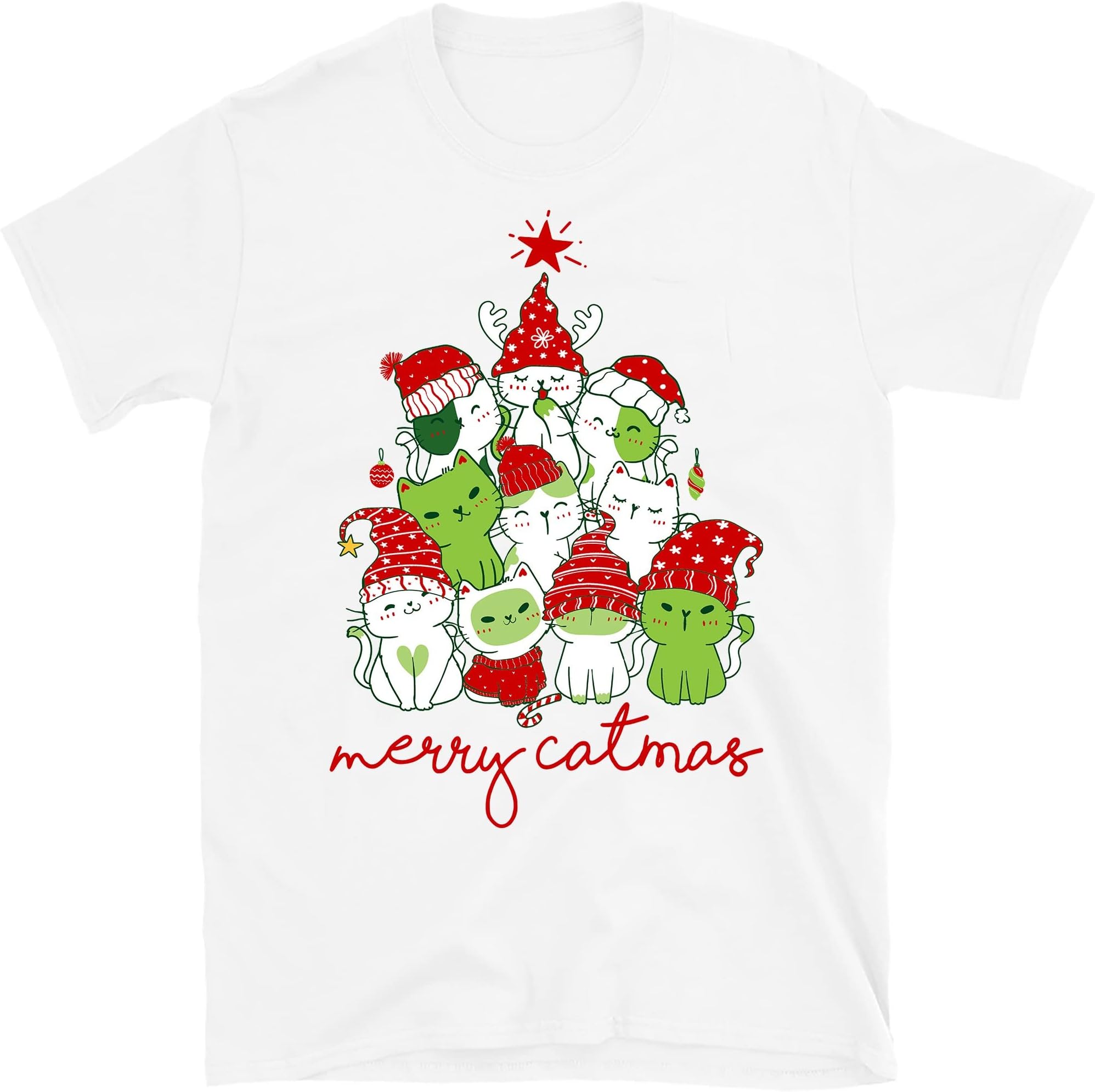 TEEDIYChristmas Cat Tree T Shirt, Merry Catmas, Funny Cat Lover Merry Christmas Shirts, Meowy Catmas - White XX-Large