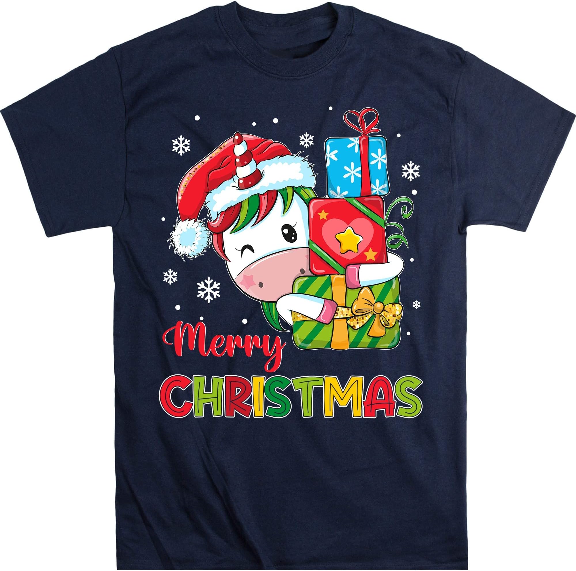 TEEDIYFunny Unicorns Christmas Xmas T-Shirt, Unicorn Lovers Lights Christmas Pajama T-Shirt - Navy Small