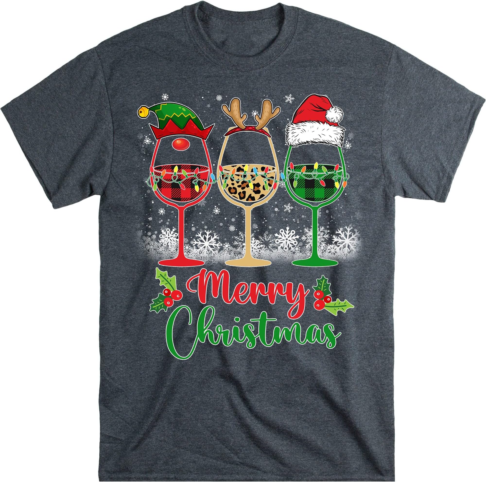 TEEDIYMerry Christmas Shirt, Three Wine Glasses Santa Hat Christmas Funny Wine Lover, Christmas Party, Leopard Plaid Reindeer - Dark Heather Small