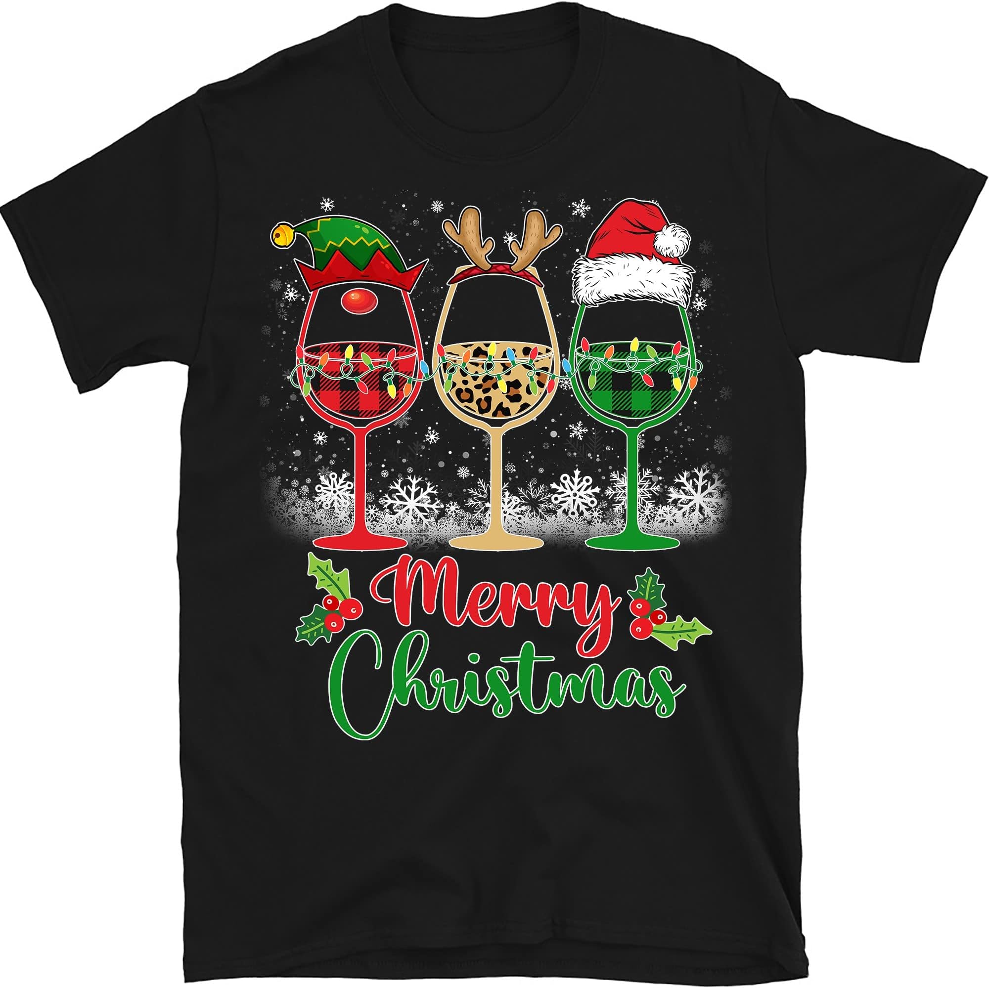 TEEDIYMerry Christmas Shirt, Three Wine Glasses Santa Hat Christmas Funny Wine Lover, Christmas Party, Leopard Plaid Reindeer - Black Small