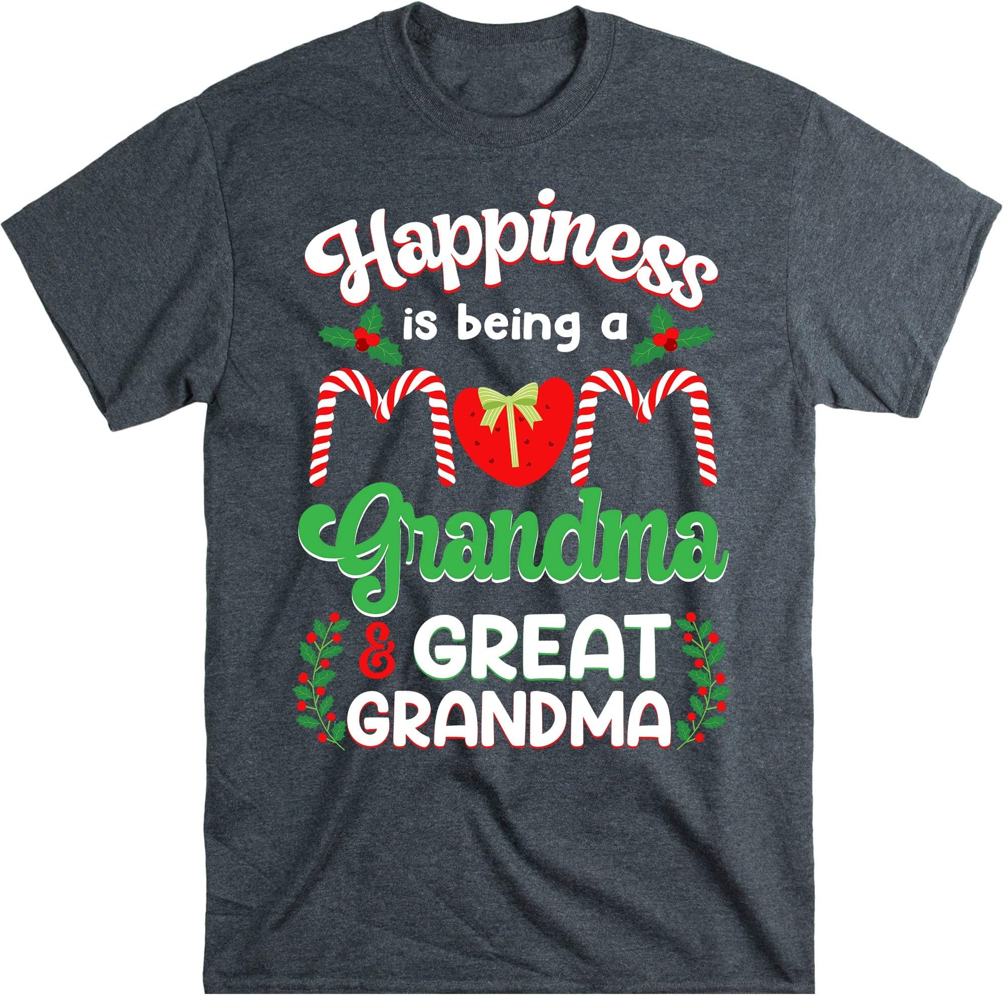 TEEDIYGrandma Christmas Shirt, Nana Christmas Shirt, Happiness is Being a Mom Grandma and Great Grandma - Dark Heather XX-Large