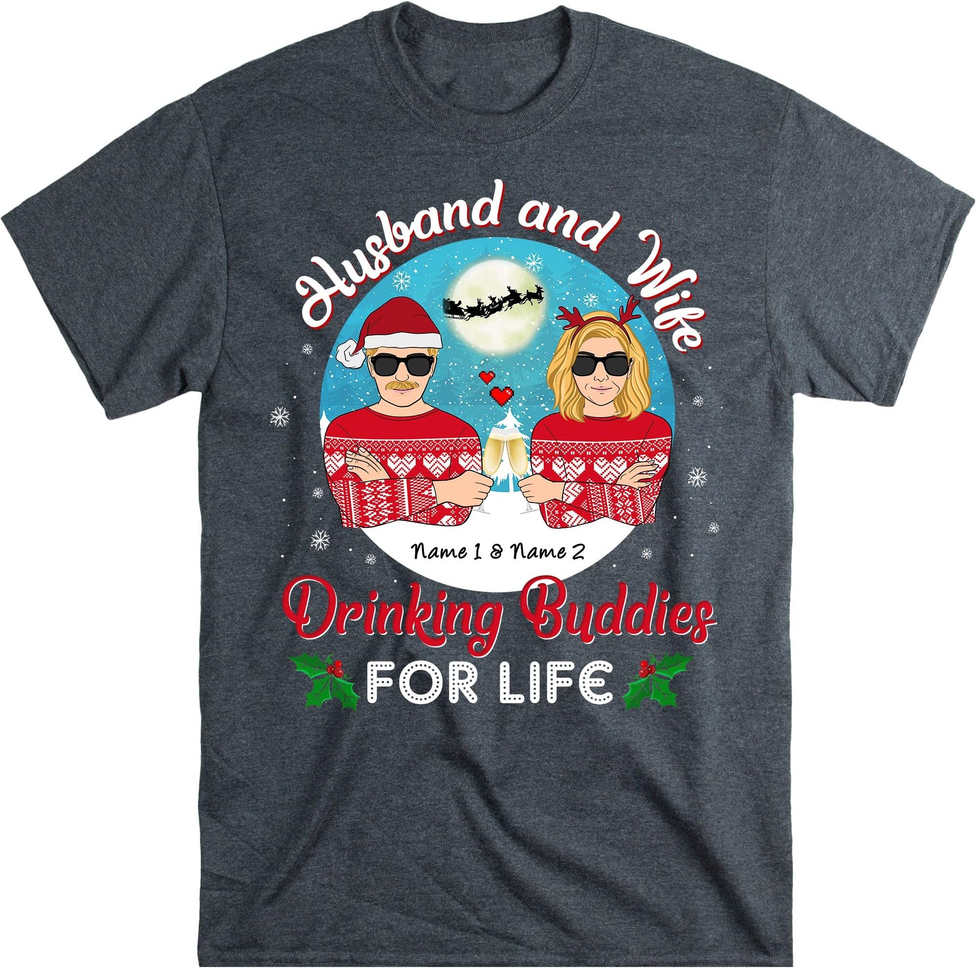 TEEDIYHusband and Wife Drinking Buddies Christmas Personalized Shirt, Husband and Wife Customized Shirt, Anniversary - Dark Heather XX-Large