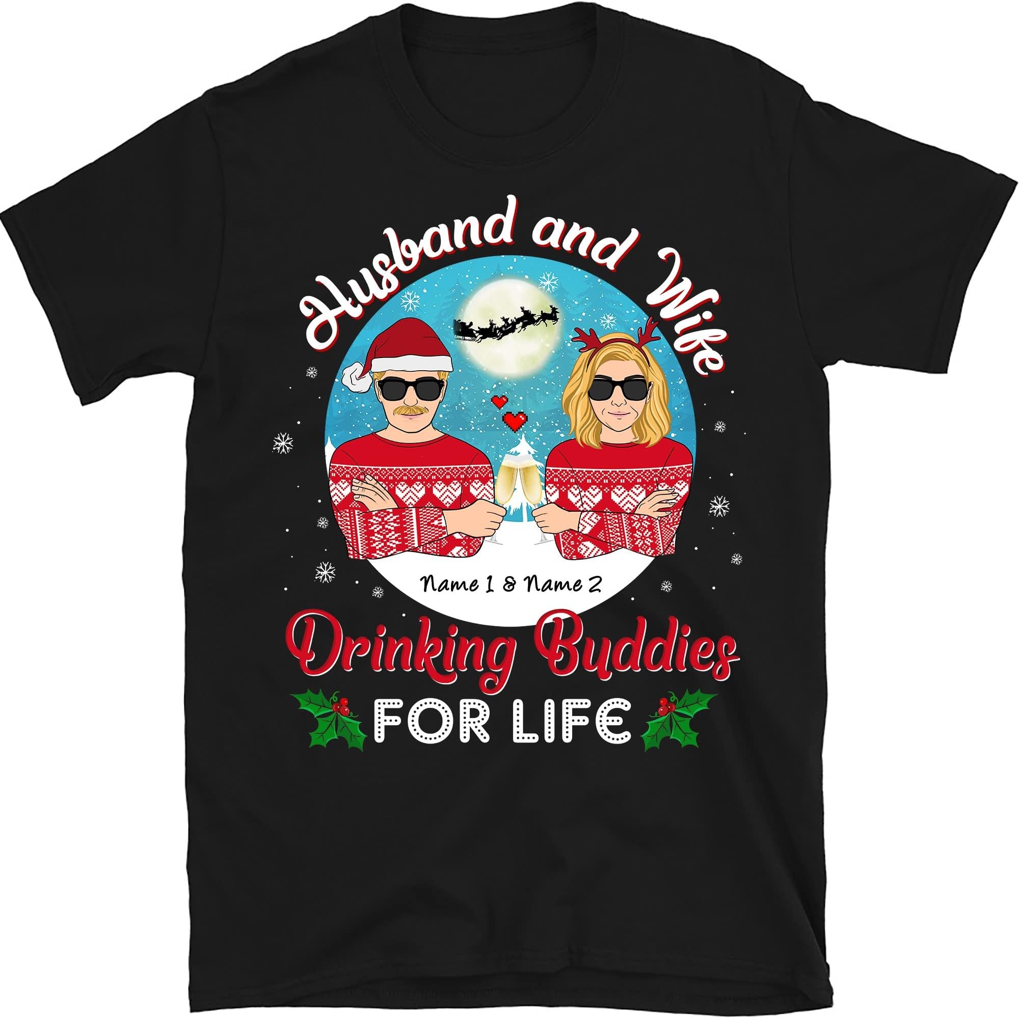 TEEDIYHusband and Wife Drinking Buddies Christmas Personalized Shirt, Husband and Wife Customized Shirt, Anniversary - Black Medium