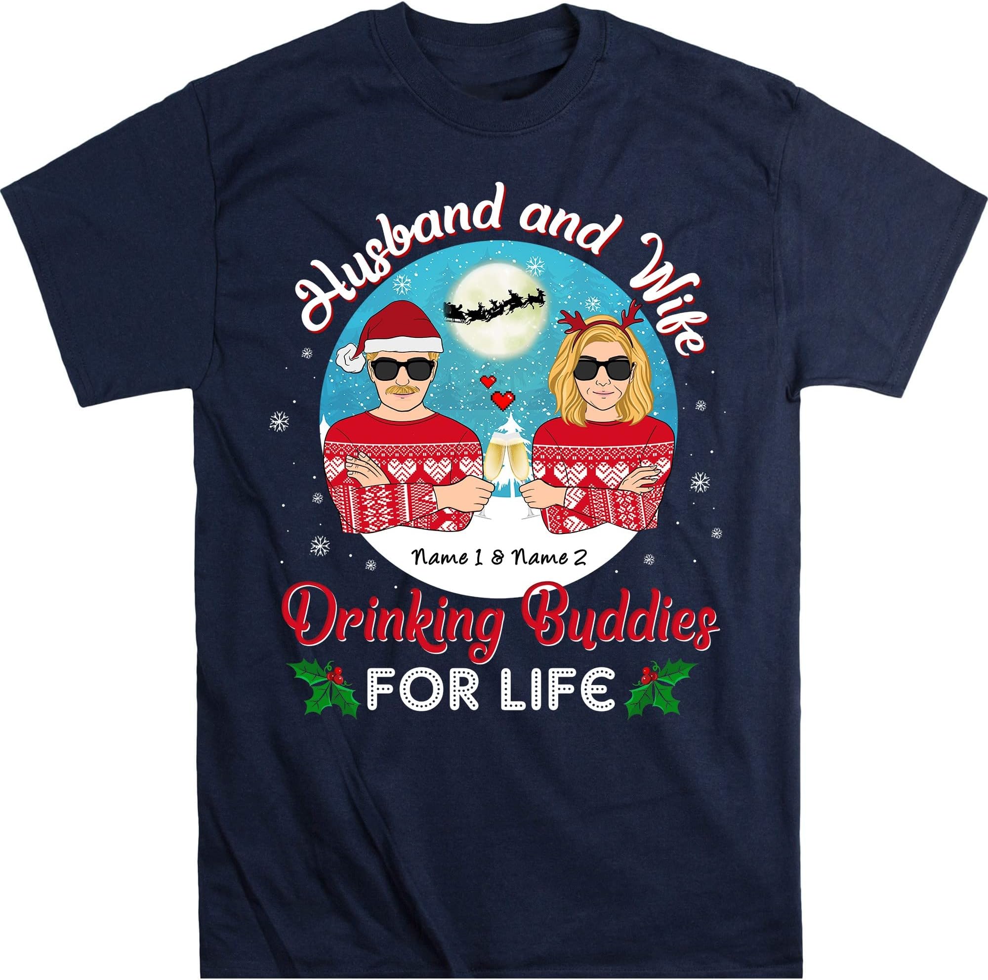 TEEDIYHusband and Wife Drinking Buddies Christmas Personalized Shirt, Husband and Wife Customized Shirt, Anniversary - Navy 3X-Large