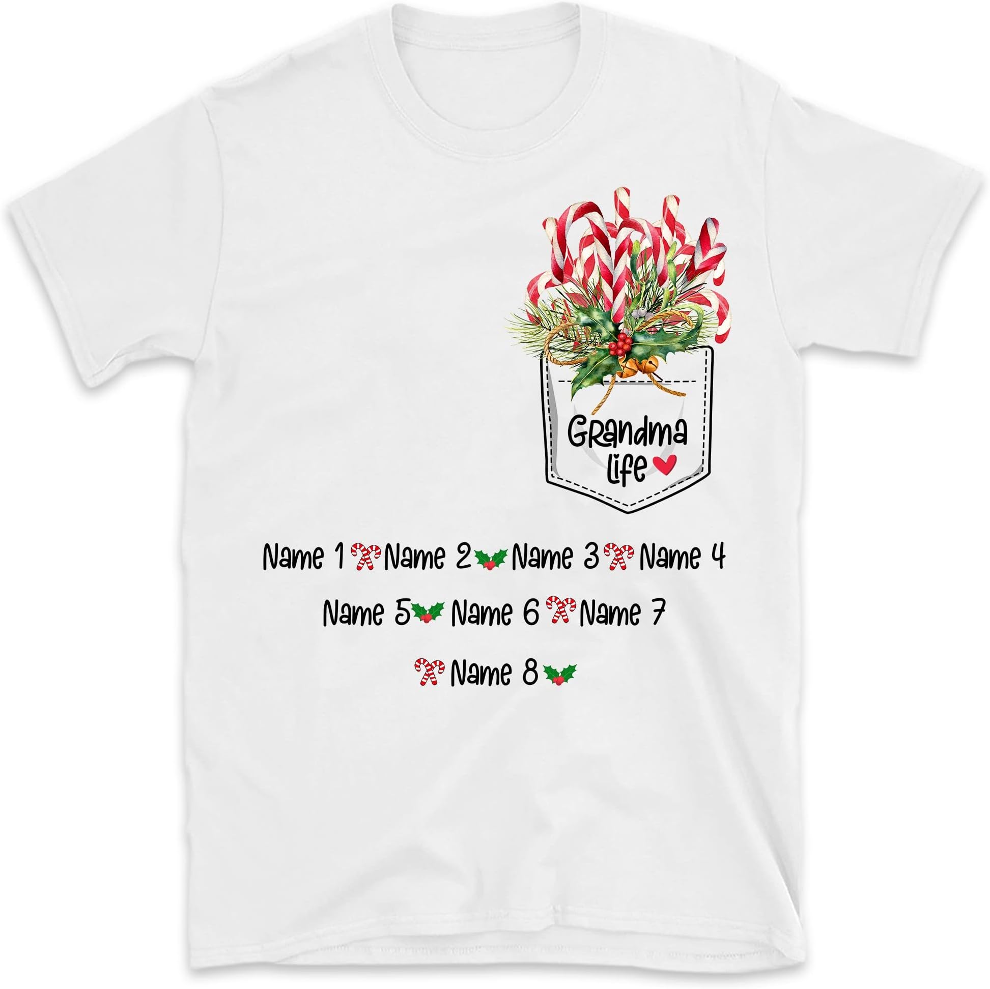 TEEDIYPersonalized Grandma Life Shirt, Custom Grandkids Names Grandma T Shirt, Christmas Candy Cane, for Grandpa, Mom, Dad Multicolored