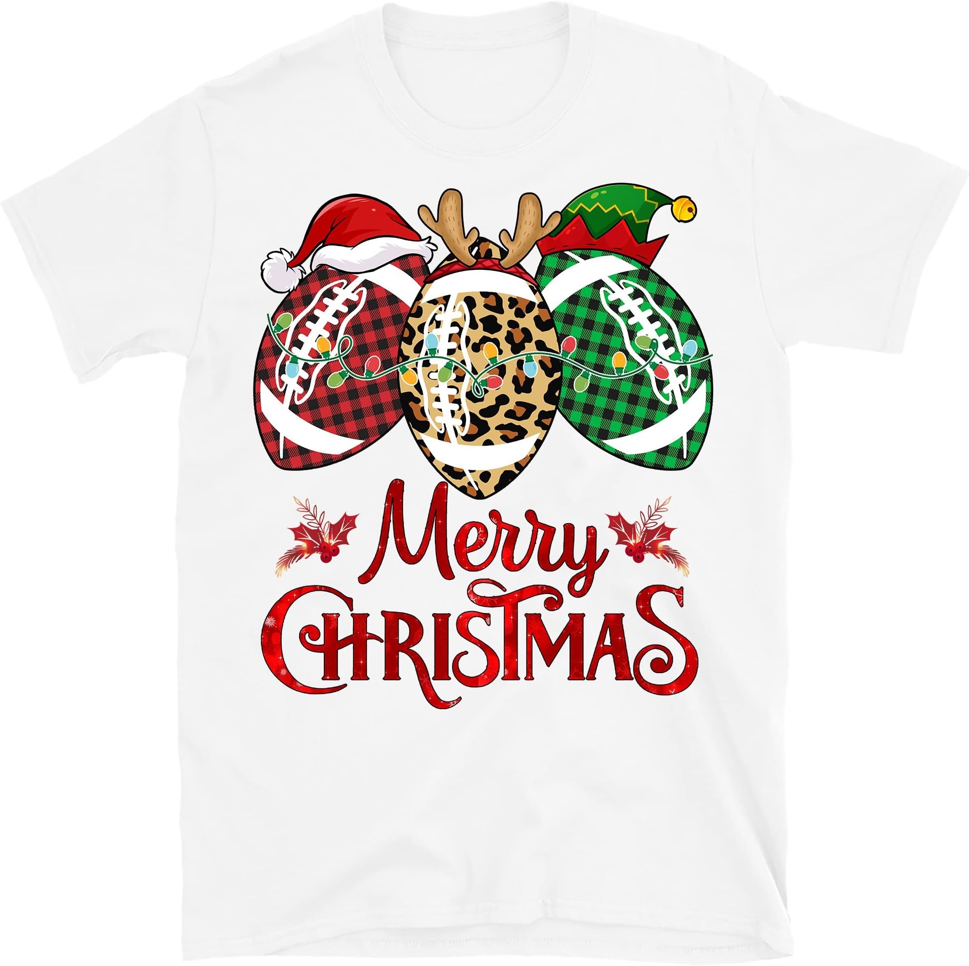 TEEDIYChristmas Football Ball Santa Hat Funny Sport Xmas Boys Men T-Shirt - White 3X-Large