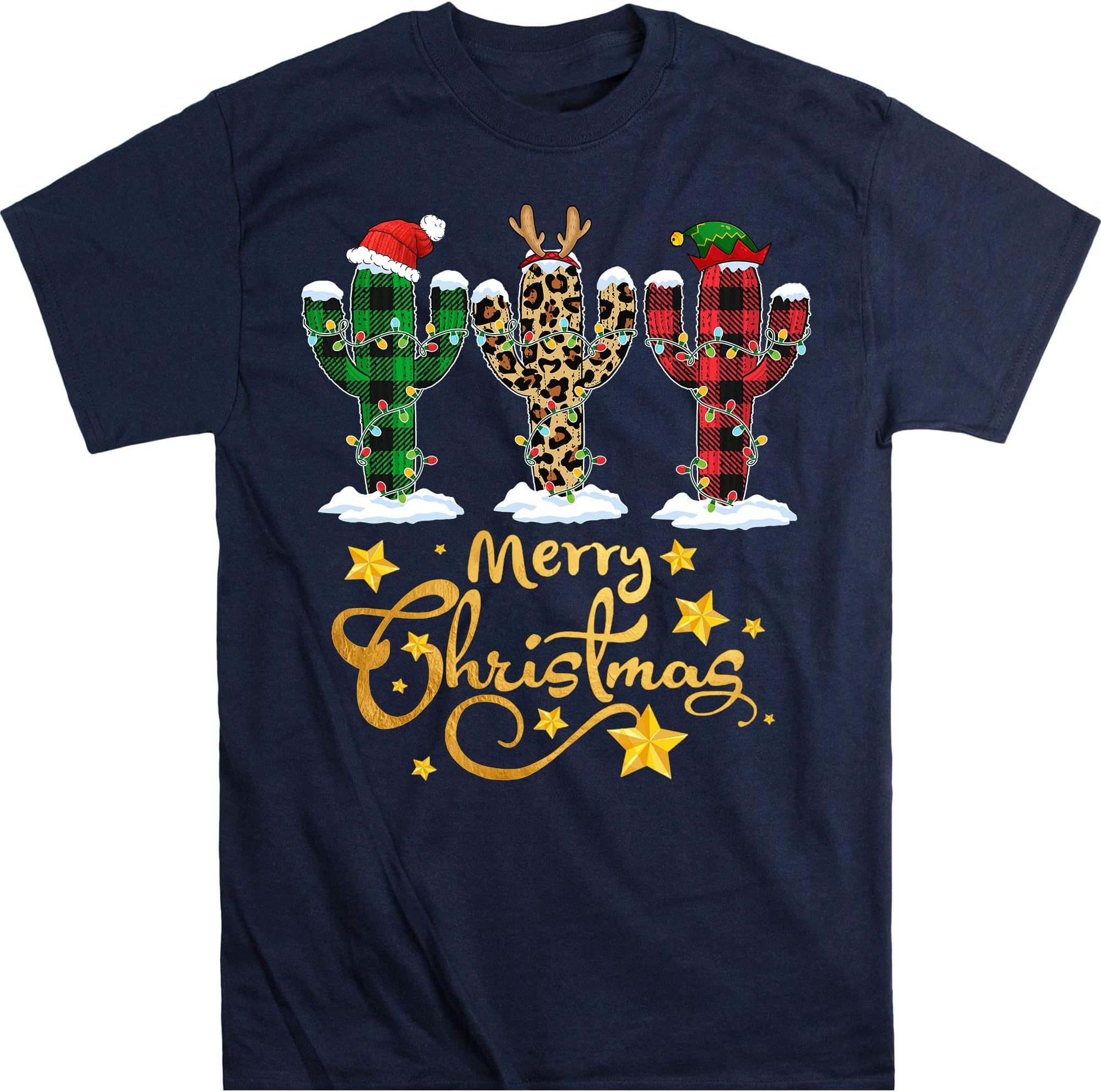 TEEDIYWomens Cactus Christmas Tree with Buffalo Plaid and Leopard Design T-Shirt Christmas Lights Cactus Lover Funny Xmas Gift - Navy 4X-Large