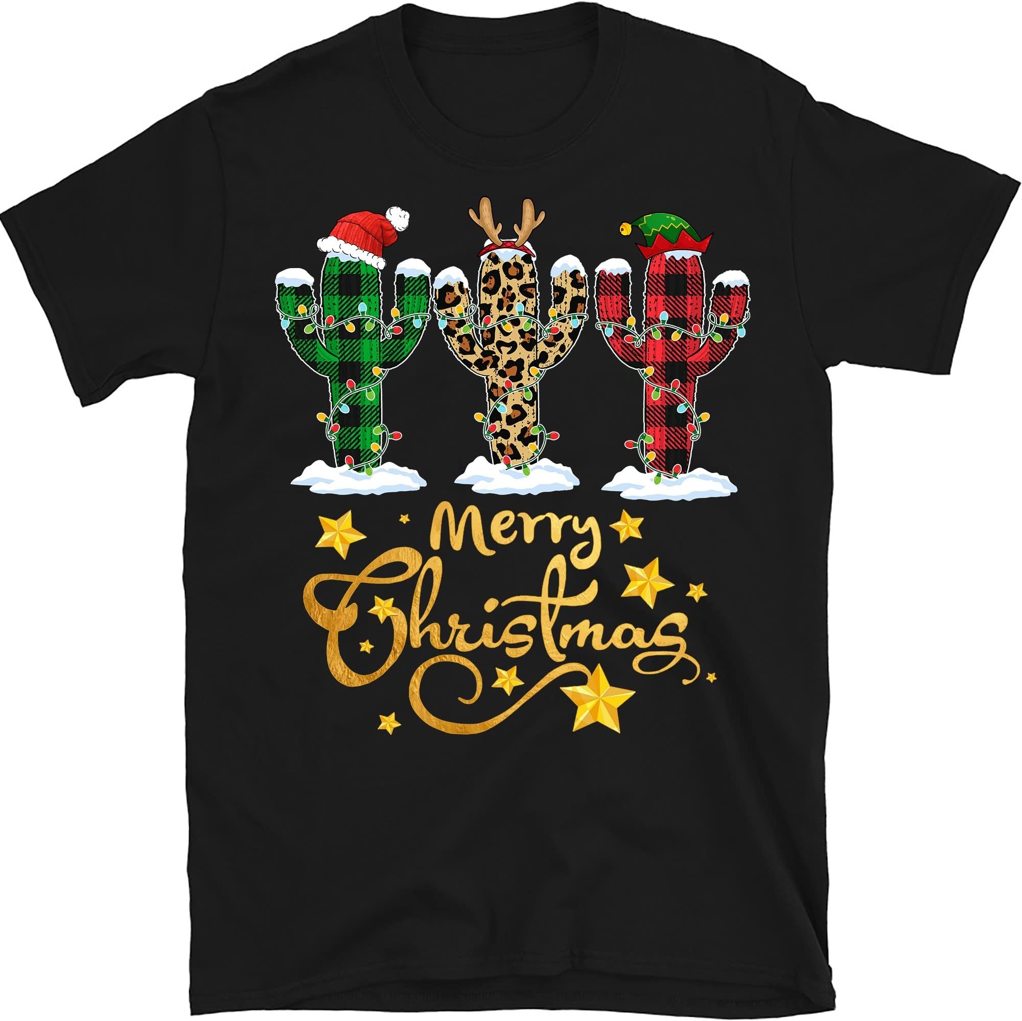 TEEDIYWomens Cactus Christmas Tree with Buffalo Plaid and Leopard Design T-Shirt Christmas Lights Cactus Lover Funny Xmas Gift - Black 4X-Large