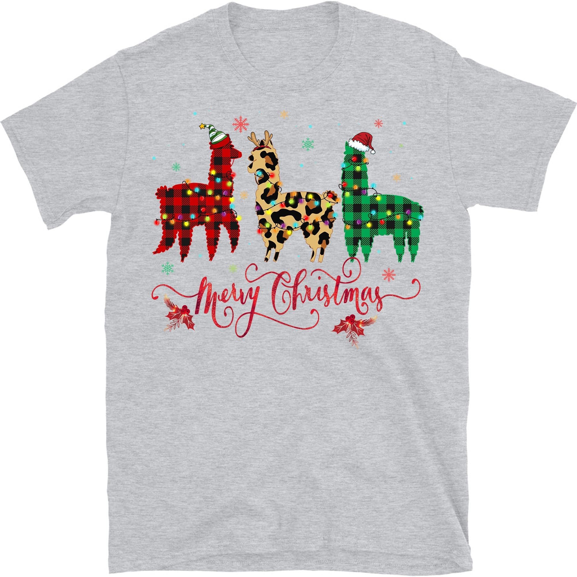 TEEDIYFunny Llamas Christmas Xmas T-Shirt, Funny Llama Lovers Lights Pajama T-Shirt - Sport Grey Large