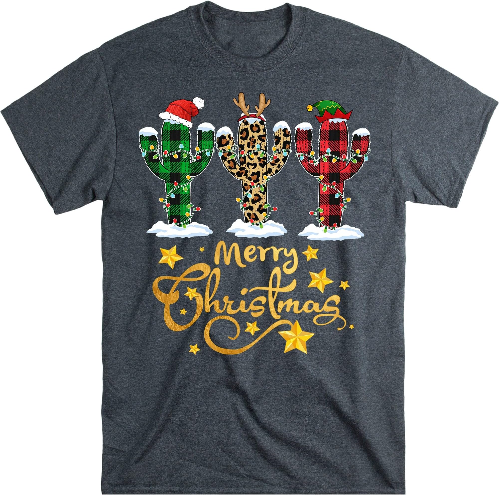 TEEDIYWomens Cactus Christmas Tree with Buffalo Plaid and Leopard Design T-Shirt Christmas Lights Cactus Lover Funny Xmas Gift - Dark Heather XX-Large
