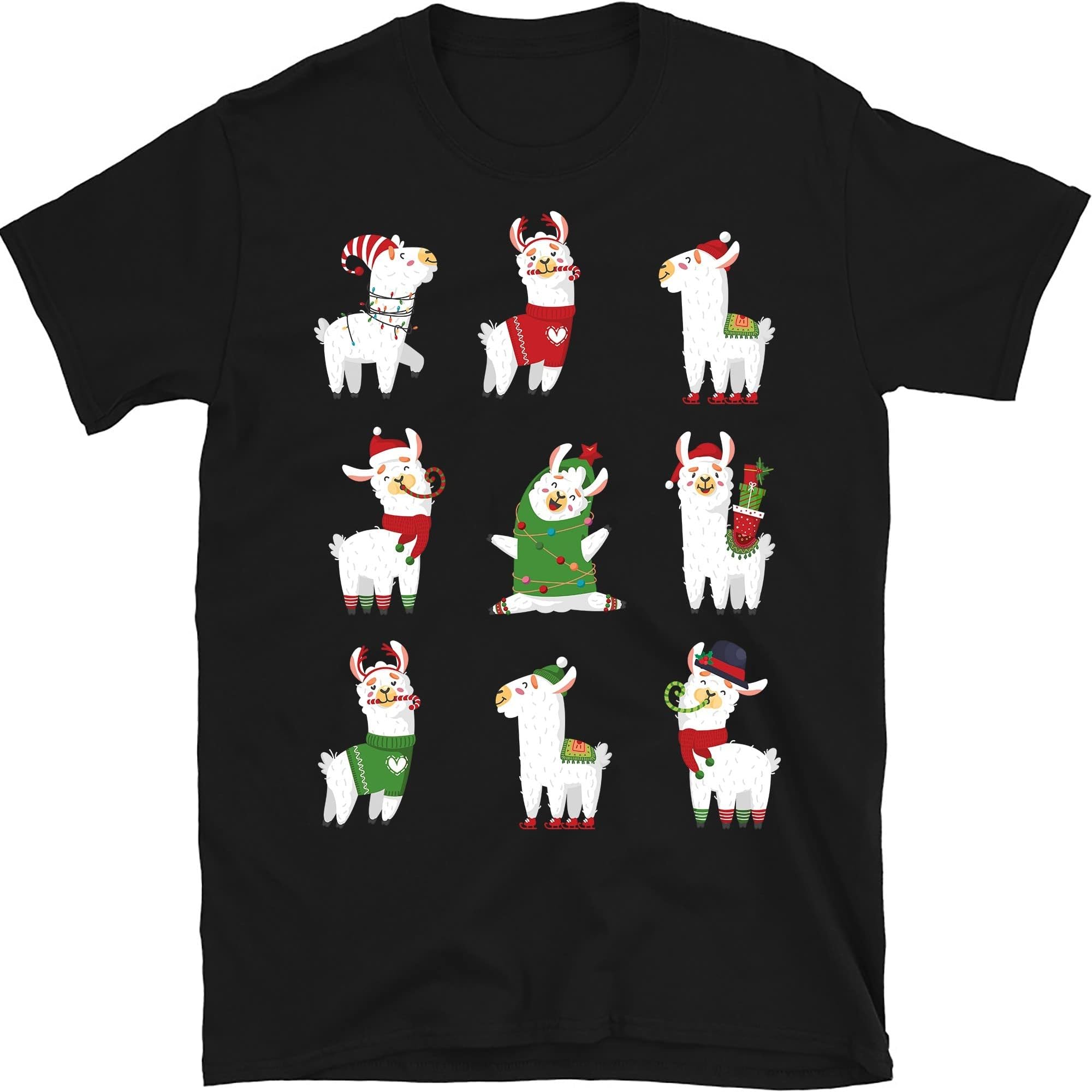 TEEDIYMerry Llamamas T Shirt Christmas for Llama Lovers, Llamas Christmas Tree Lights Funny Llamas Xmas Gift T-Shirt - Black 4X-Large