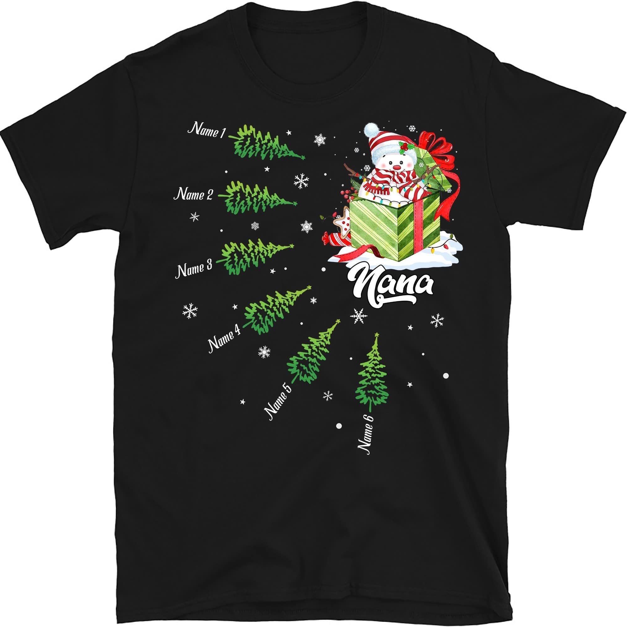 TEEDIYPersonalized Nana Christmas Tree Shirt, Custom Grandkids Names Grandma T Shirt, Christmas Snowman, for Grandpa, Mom, Dad Multicolored