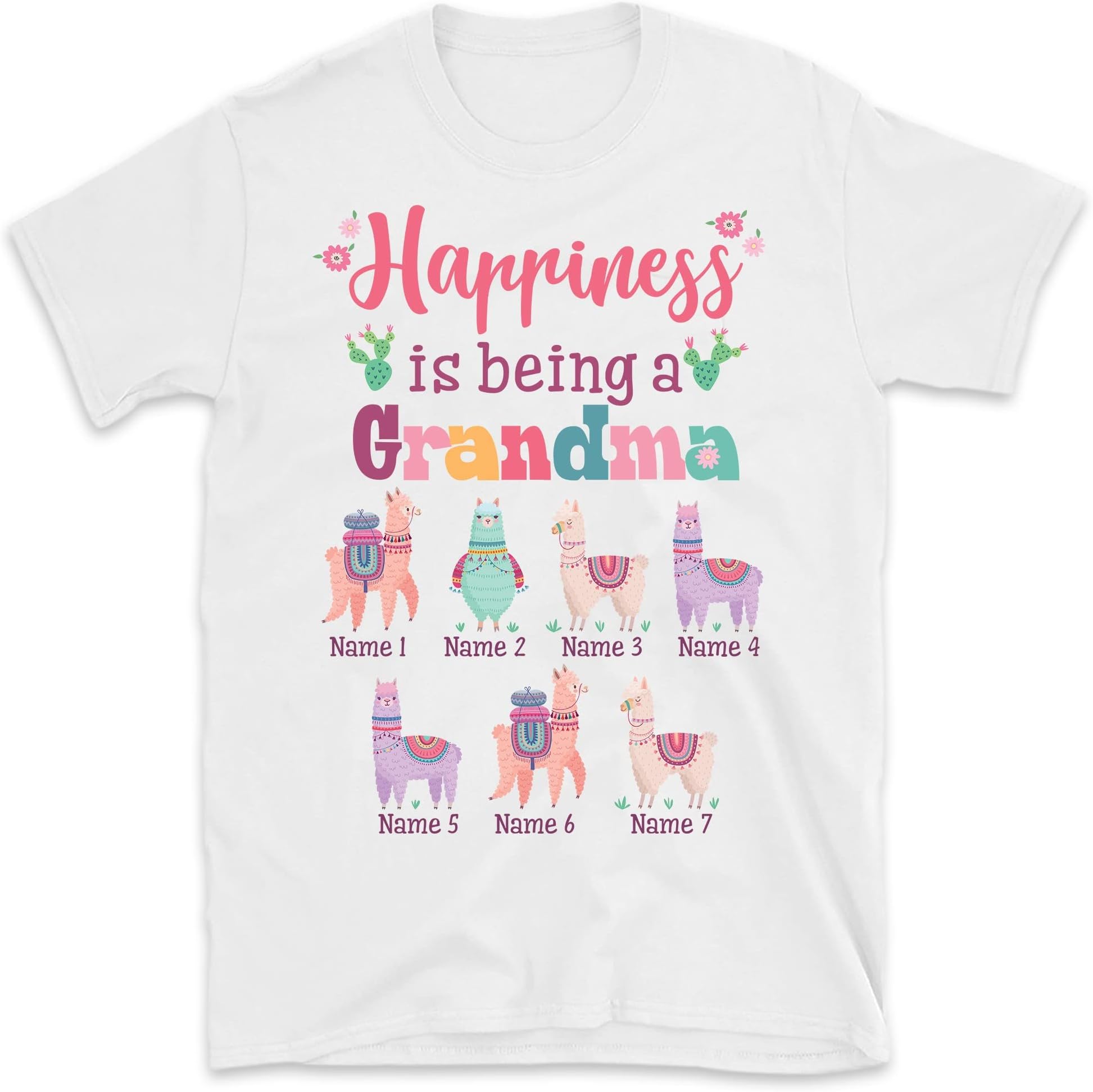 TEEDIYPersonalized Grandma Llama Cactus T-Shirt, Llama Lovers Gift, Cactus Lover Shirt, Gift for Grandma Nana Mimi Mom, Grandma Shirt with Kids Names