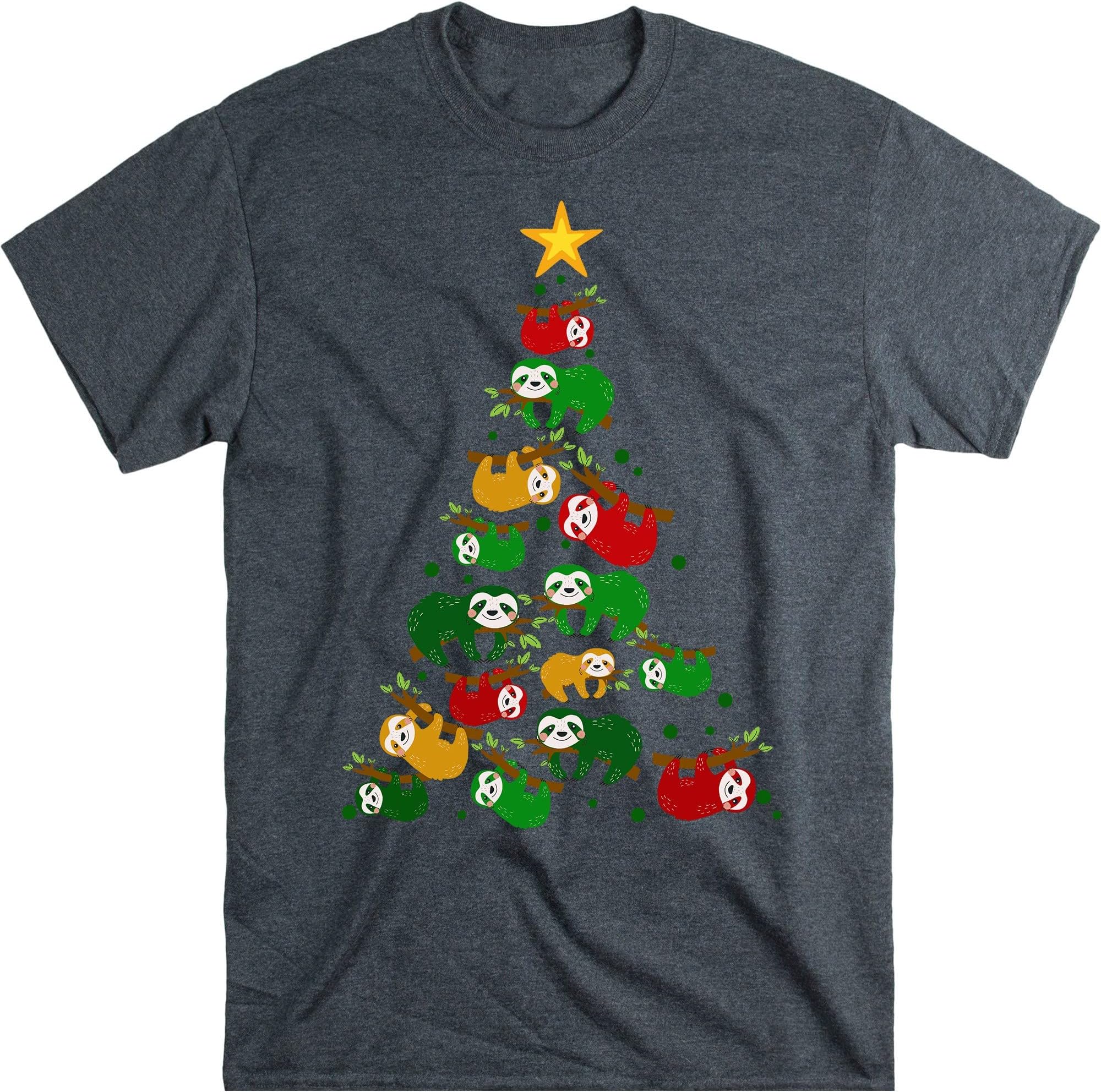 TEEDIYMerry Slothmas T Shirt Christmas Pajama for Sloth Lovers, Sloths Christmas Tree Lights Funny Sloths Xmas Gift T-Shirt - Dark Heather 4X-Large