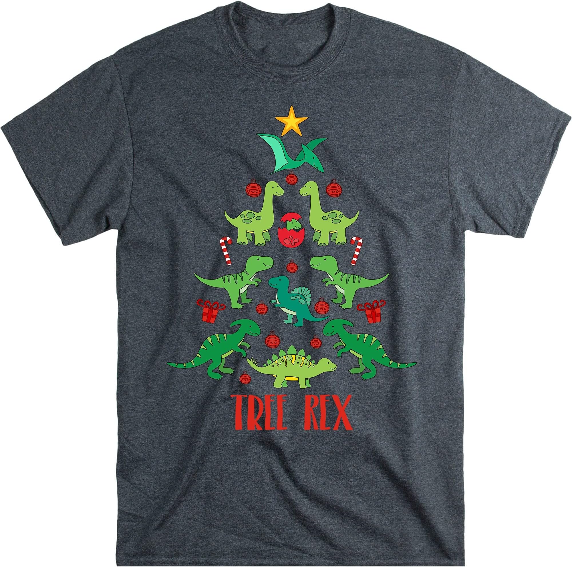 TEEDIYTree Rex Christmas Tee, Christmas Tree Shirt, Christmas Shirt Adults, Dinosaur Christmas Shirt - Dark Heather X-Large