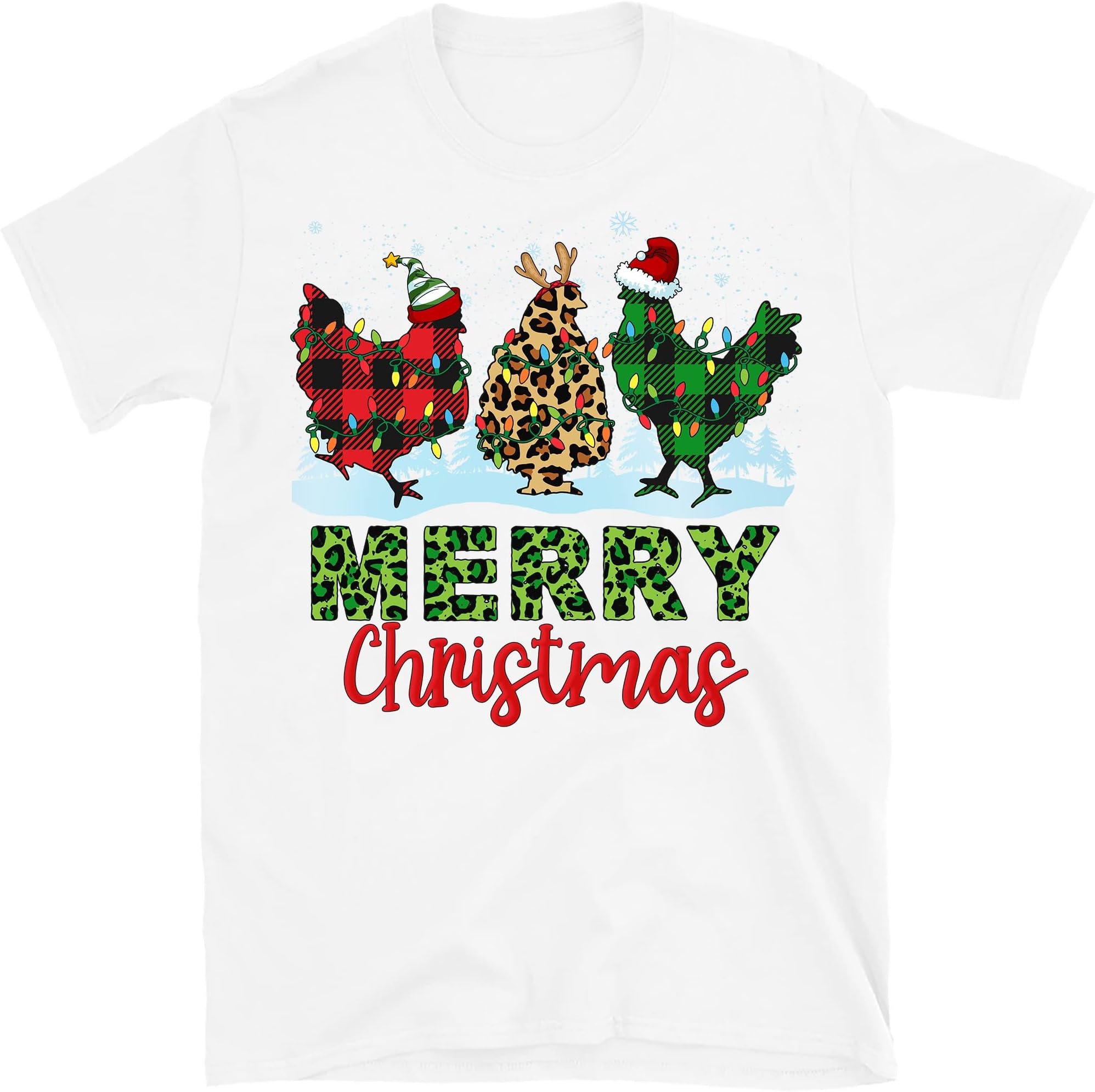 TEEDIYFunny Chickens Christmas Xmas T-Shirt, Funny Chicken Lovers Lights Pajama T-Shirt - White Medium