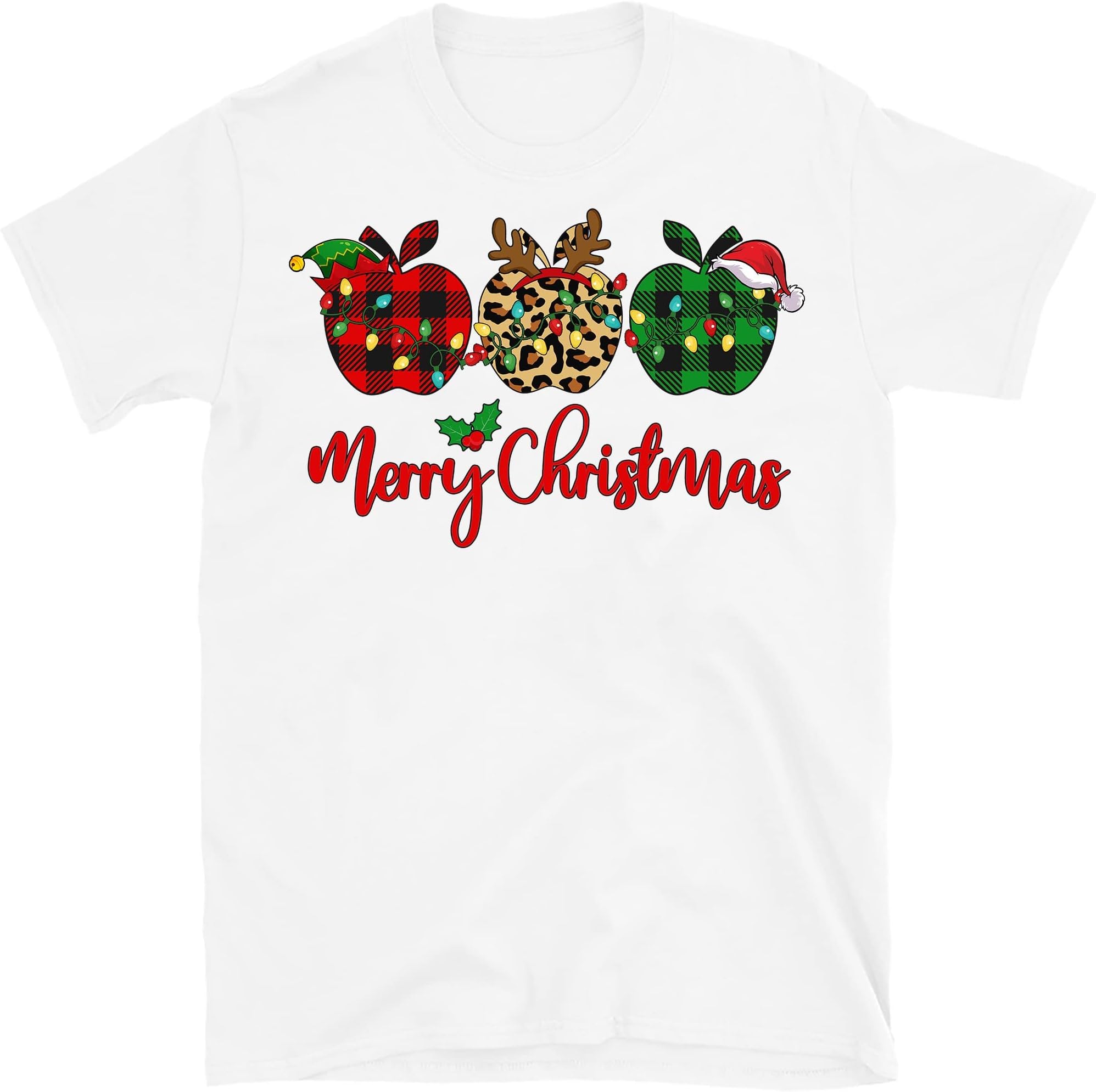 TEEDIYMerry Christmas Teacher Plaid Leopard Apples T-Shirt Funny Costume 2021 for Teachers T-Shirt - White XX-Large