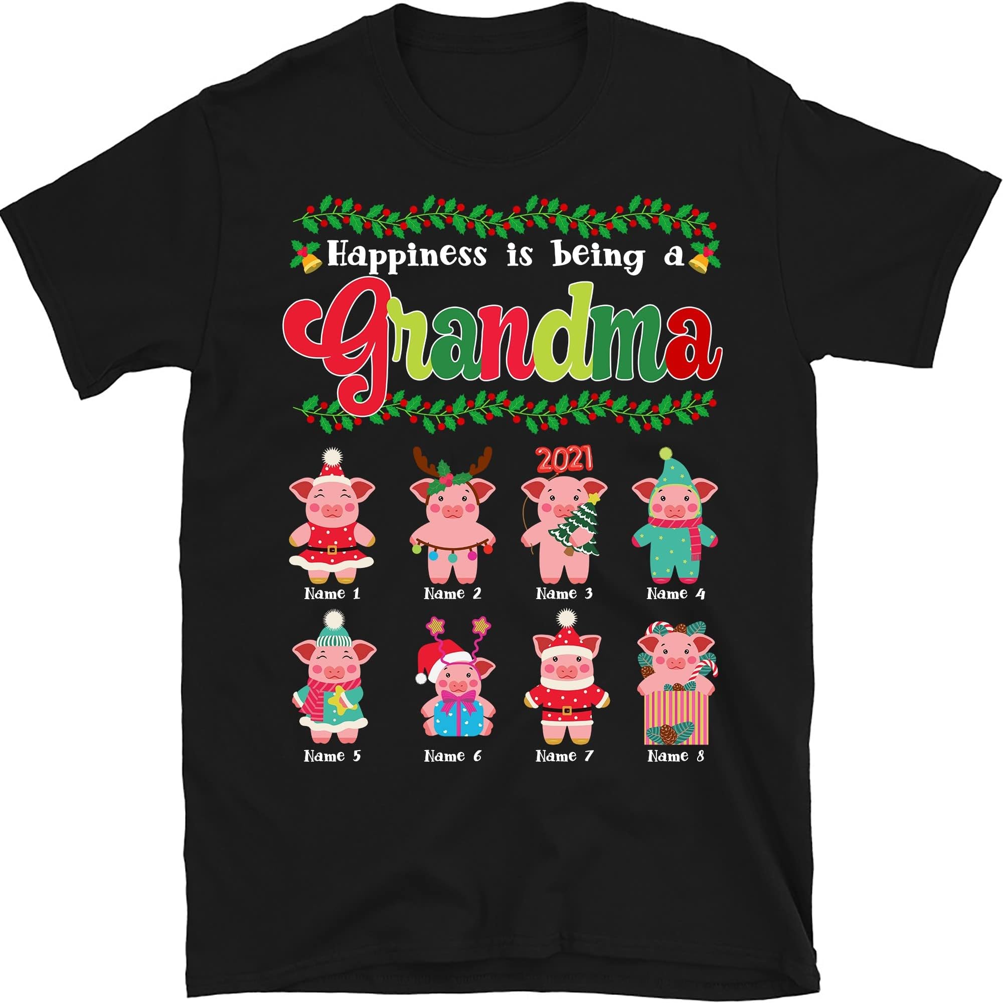 TEEDIYPersonalized Grandma Pig Christmas T-Shirt, Pig Lovers Gift, Christmas Lover Shirt, Gift for Grandma Nana Mimi Mom, Grandma Shirt with Kids Names