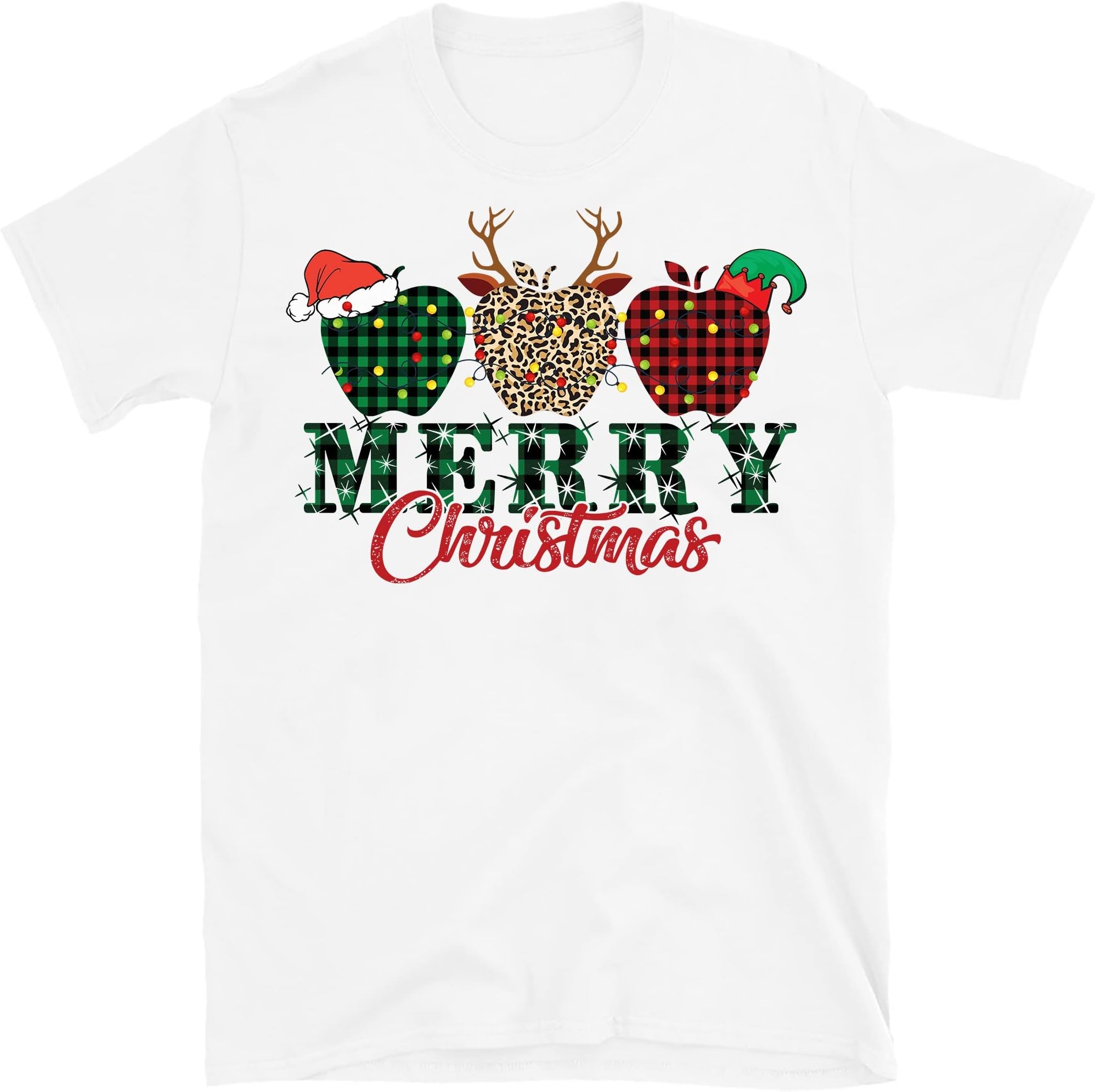 TEEDIYMerry Christmas Teacher Plaid Leopard Apples T-Shirt Funny 2021 for Teachers T-Shirt - White 4X-Large